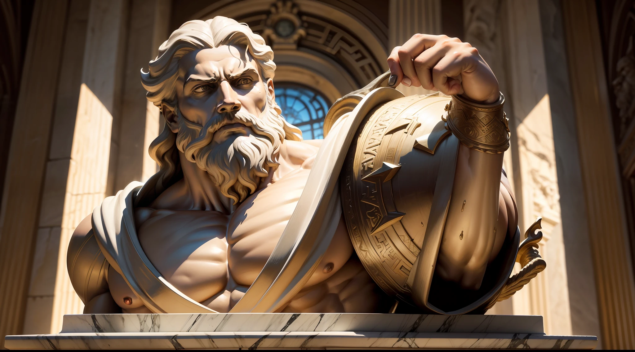 a close up of a statue of a man with a beard, statue of hercules looking angry, Furioso Deus Zeus, an ancient greek statue, deus grego, Greek marble statue, O Deus Hefesto, greco roman statue, ancient greek statue, epic scene of zeus, divino e estoico, Greek statue, O Deus Grego, O deus grego do vinho, com raiva, corpo inteiro. cor de ouro, rosto com detalhes