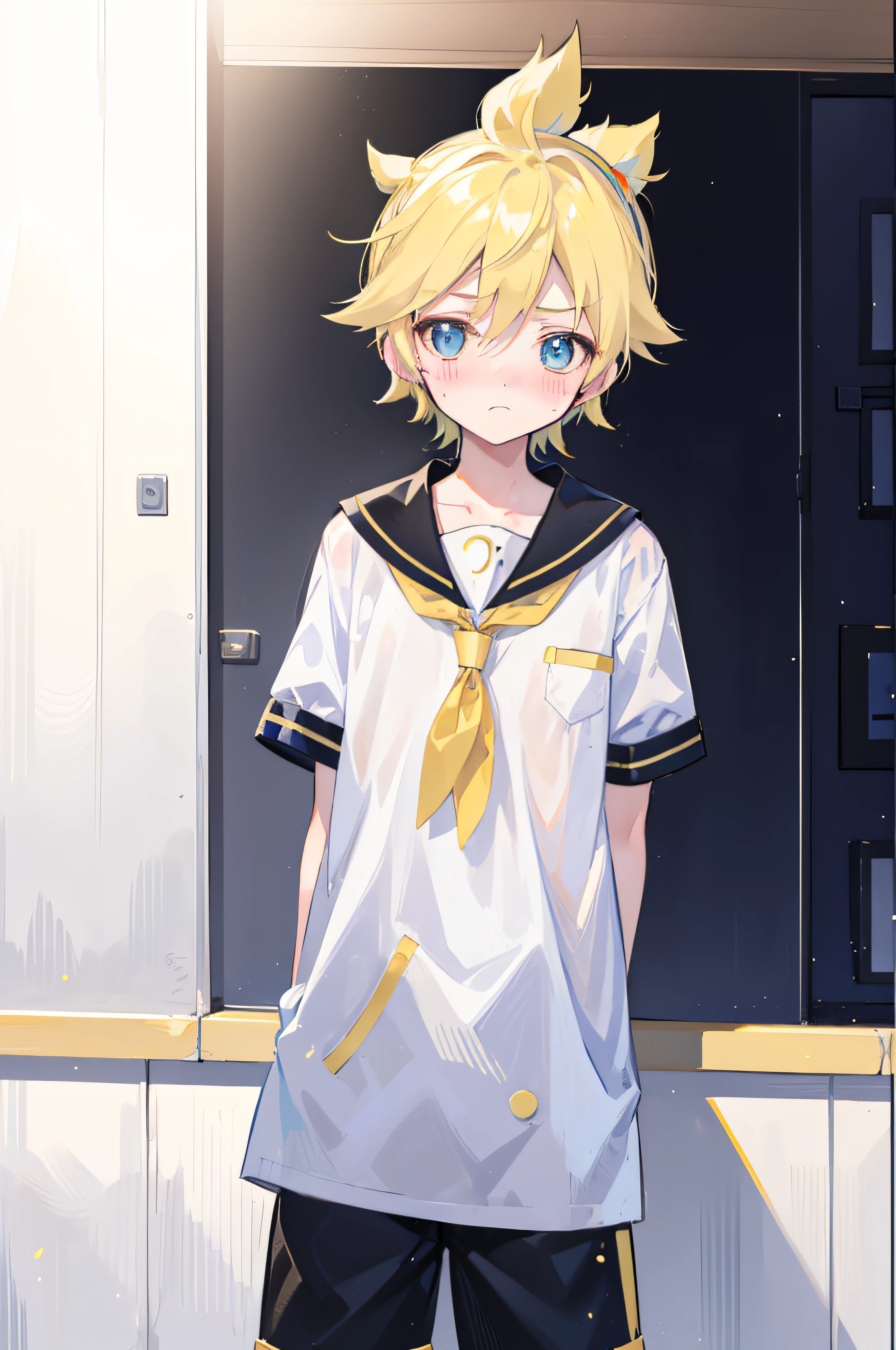 one boy, (Kagamine_Len), cowlick, cute face, beautiful eyes, sailor uniform, black short pants, cowboy shot, look at you, boy loves you, shy, (blush), happy, your boyfriend, standing, outdoor, character focus, active boy