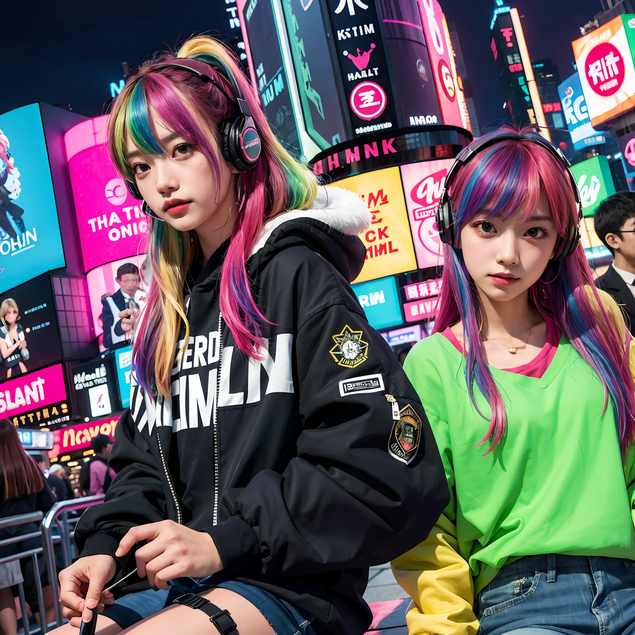 (in 8K、RAW Photos、top-quality、masterpiece:1.2)、(realisitic、Photorealsitic:1.37)、ultra-detailliert、超A high resolution、1girl、独奏、rainbow hair、parka、espadrilles、straight haired、headphones、Long、full bodyesbian、natta、neons、Times square、cyberpunked