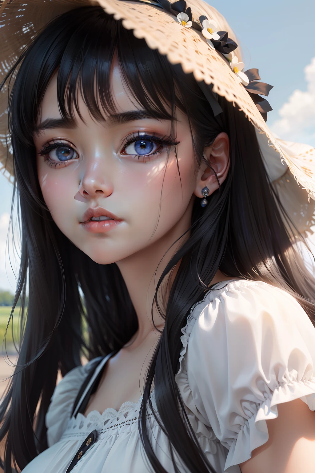 (detailed and realistic portrait of a girl with a clean face), (round eyes and long flutters hair shot outside),staring at camera,magical photography, dramatic lighting, photo realism, ultra-detailed,
intimate portrait composition, (centered image composition),(close up shot:1.6),best quality,f/1. 8, 85mm,
(28years asian woman), black_hair,(black_eyes:1.2),(bangs),makeup,white_dress,
(hazy blue_sky_background)