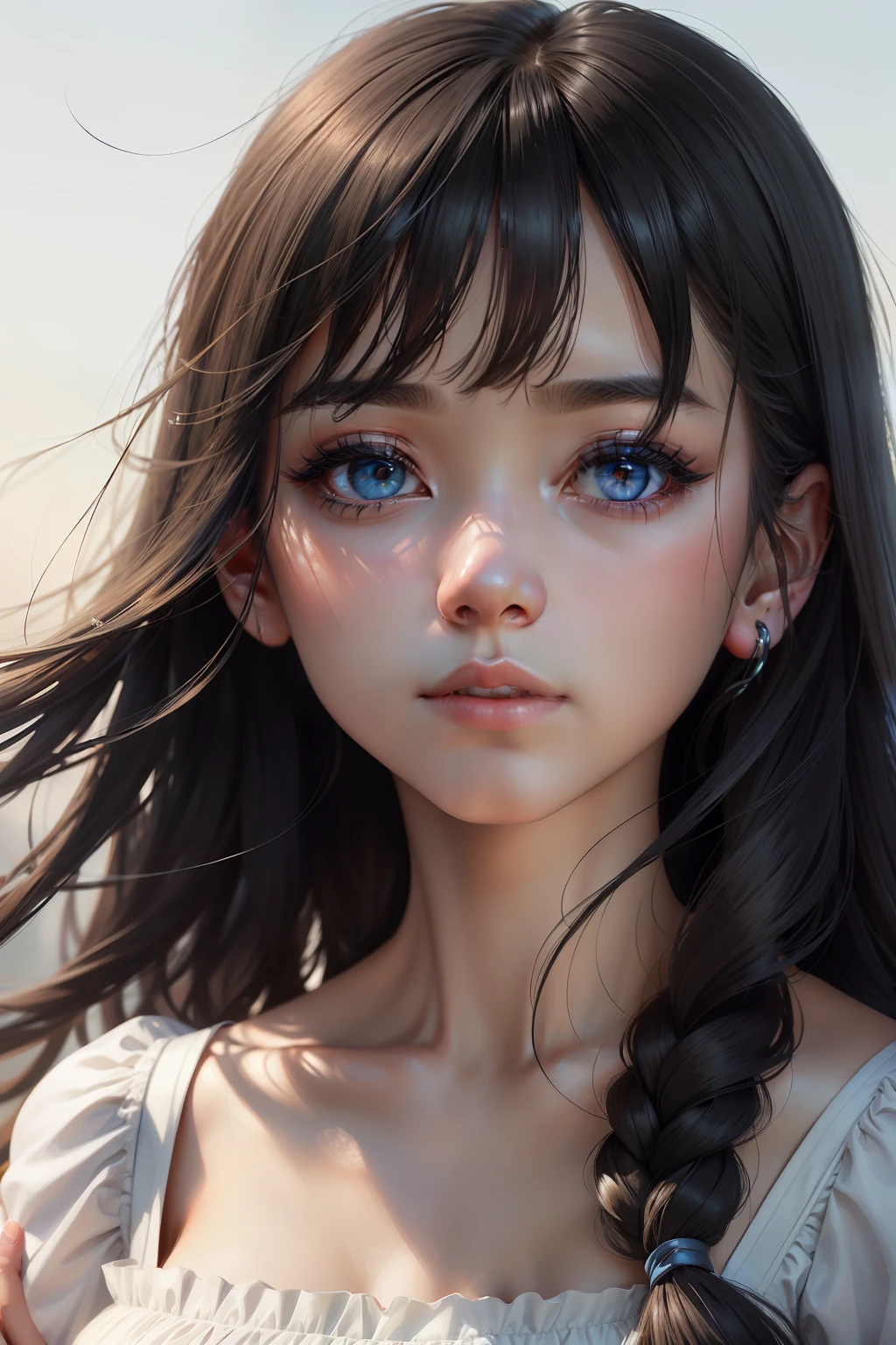 (detailed and realistic portrait of a girl with a clean face), (round eyes and long flutters hair shot outside),staring at camera,magical photography, dramatic lighting, photo realism, ultra-detailed,
 intimate portrait composition, (centered image composition),(close up shot:1.6),best quality,f/1. 8, 85mm,
(28years asian woman), black_hair,(black_eyes:1.2),(bangs),makeup,white_dress,
(hazy blue_sky_background)