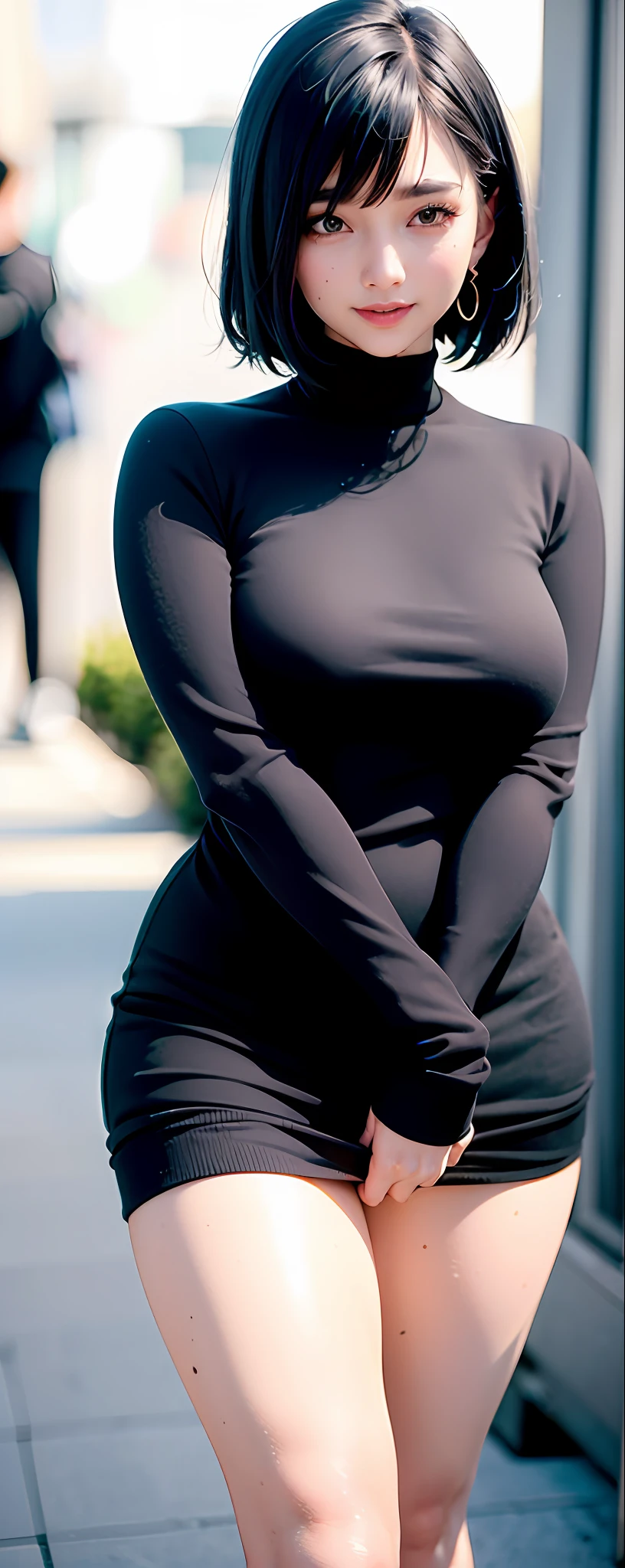 (Top Quality Details: 1.2), Realistic, 8K UHD, High Definition, (1 Girl: 1.2), Ultra Detail, High Quality Textures, Intricate Details, Detailed Textures, Fine Details, High Detail, Highly Detailed CG, High Quality Shadows, Detail Beautiful Delicate Face, Detailed Beautiful Delicate Eyes, Depth of Field,Ray Tracing,20s,(Beautiful 25 Years Old Sexy Korean Woman:1.1),(Pretty Kpop Girls,Korean Mixed),Big, tall_female, Beautiful_legs, Glow Eyes,Cheeks,Glossy Lips,Perfect Body,Skinny,(Black Sweater:1.4),(Open Check Coat:1.3),(Check Skirt:1.3),(Pantyhose,Ankle Boots:1.1),(Bobcut:1.1),Street, Sunlight, Standing, Lens flare, Earrings,Necklace, Model, Beholder, Happy smile:1.1, Makeup, Frontal, Dynamic pose, Moles under eyes, Messenger bag, Selfie,