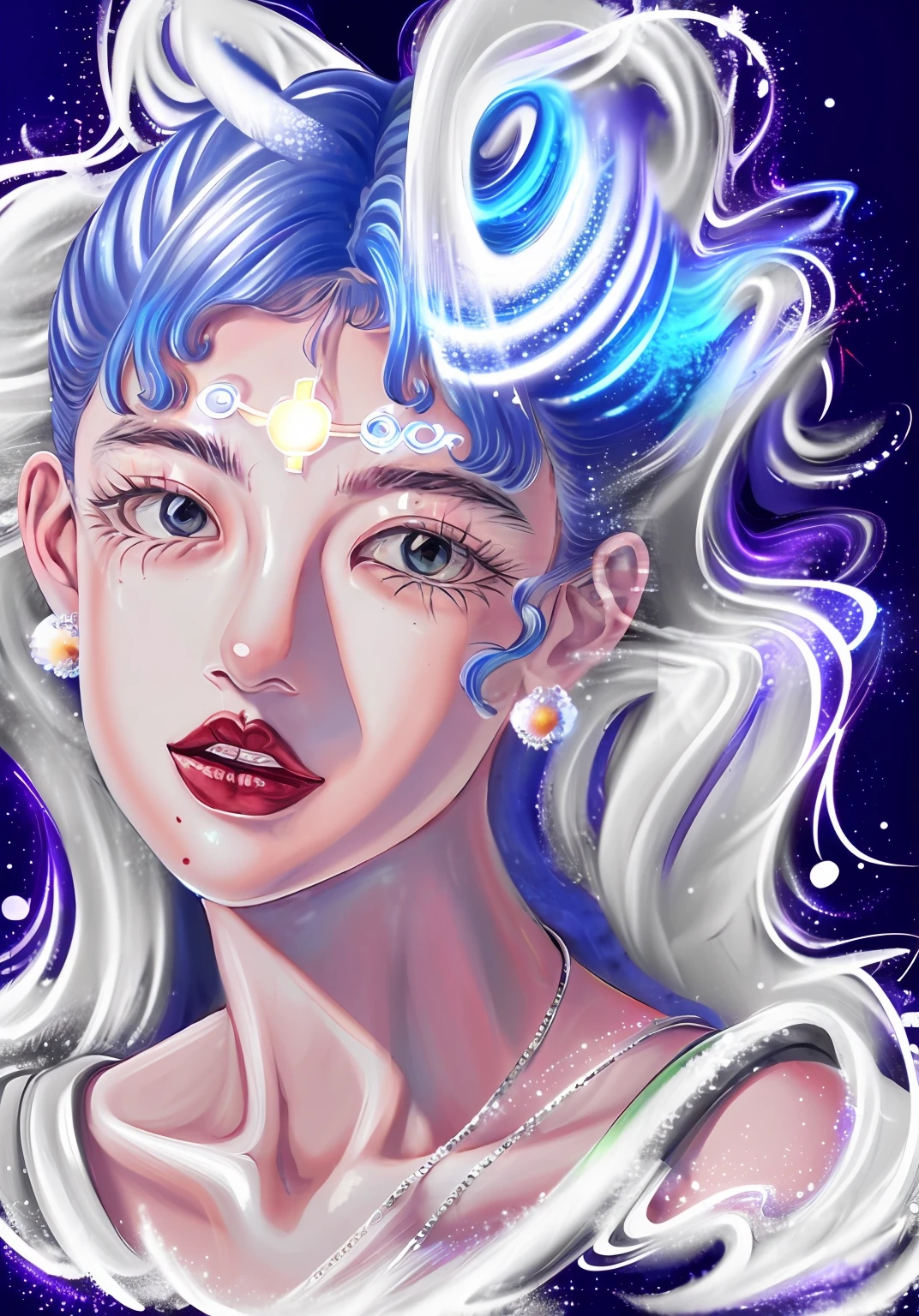 Sailor Moon in the sky, Silver body,Sparkling above,extreme iridescent reflection, In the style of Vray tracing, Vitality Cartoon, Shiny/ Glossy, Rococo pastels, Fluid form, tinycore, Fluid impressions, machine aesthetics, Silver, Shiny eyes, Fluid form. --AR 9:16 50 --V 5.2 ,bust, --s 2
