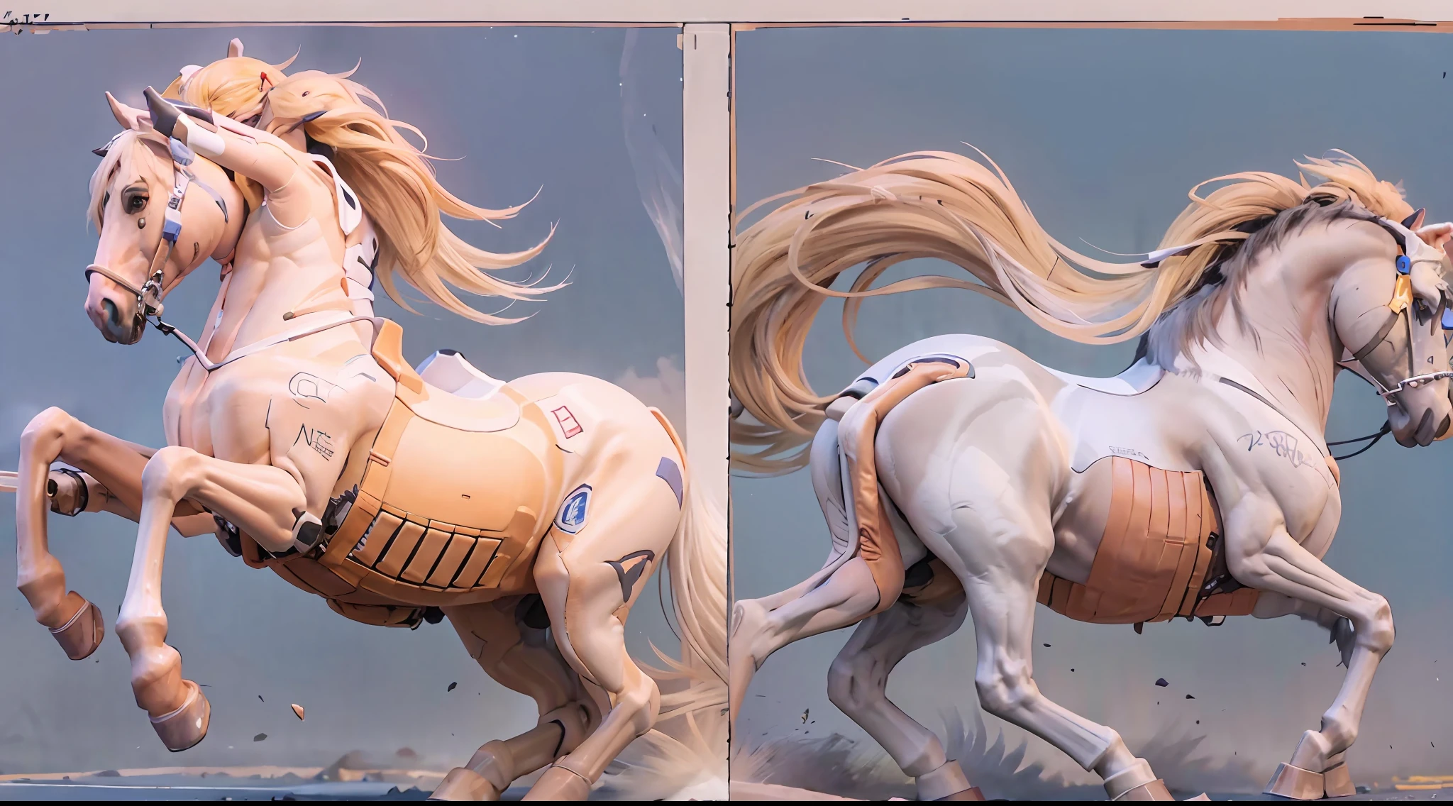 A female centaur,She is famous in the multiverse,She is both a female centaur, half human, half horse, half horse,It is also a female Yingzhao。She blends both images,The first is the head of a horse/neck/Shoulder these parts,After feminization,The upper body transforms into a beautiful female human,Female, half-centaur, half-human, half-horse, half-human,The second is the waist of the horse/hason/gluteal/Legs feminine,Female half-horse with beautiful woman's,Chimer,It's like a female human wearing a half-horse-like costume and making a seamless chimera,This chimerization is based on powerful futuristic technology。The ultra-wide-angle lens captures the image of her sleek and ethereal wings charging and leaping on the ionosphere。Her front half is distinctly feminine,Tall sexy body,Has K cup teardrop-shaped giant tit chest,It has a small man's waist butterfly spanning long legs,The half-horse part of the hind body,Embedded interface in the front half of the body hip position。The horse-shaped, half-horse torso form of her back body is completely female and humanized。A sexy bent dog-style shaped ribcage embedded in the lower back position of the beautiful woman's body from the upper end of the sternum/lower back/Ventral transverse。Then there are the sexy beauty's upright hips,Her entire body has been completely feminized,Including the half-horse part。Mechanized armor covers the legs with knee-shaped anti-joints and feet,And these parts are highly anthropomorphic,This makes her legs graceful and slender,Her four horse legs exploded in length proportions and was slender and toned,Under the legs are skinny white feet dressed in Skyscraper Heels,Use Midjourney's advanced stroke tools and color palettes, as well as texture packs, model packs, and texture tools,Concentration,Femaleize all parts of her original equine physiologic appearance,And give these parts an ergonomic appearance,Fine treatment of the thoracic and abdominal cavity of the posterior body,As well as hips and