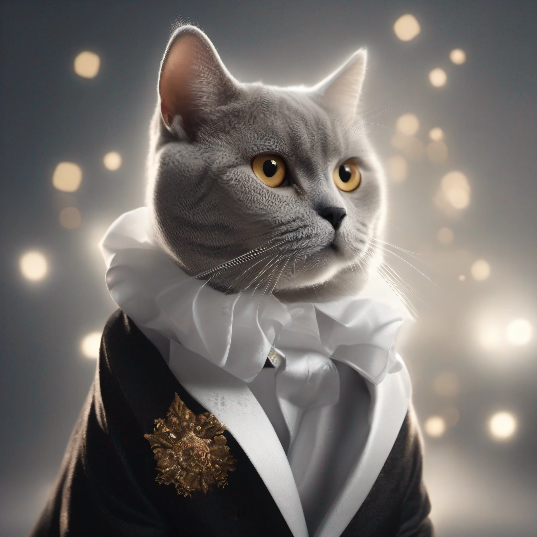 British Shorthair, fullbody, RAW photo, animal, cat wearing black suit, Front, 8k UHD, DSLR, gentle lighting, High Quality, bestquality, masterpiece, golden eyes,White Clothes, looking up, Upper body,