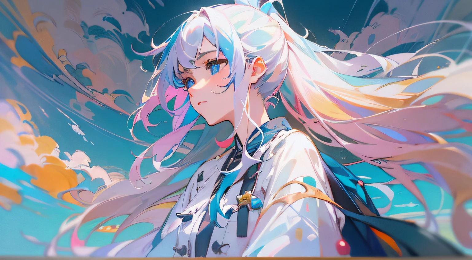 1girll, Colorful clothes, long whitr hair, High ponytail, eBlue eyes, blue-sky, baiyun, multicolored hair, Messy hair, Tonalism, romanticism lain, Contemporary art, Impressionism, reflective light, 8K, Masterpiece, High details, Best quality, ccurate