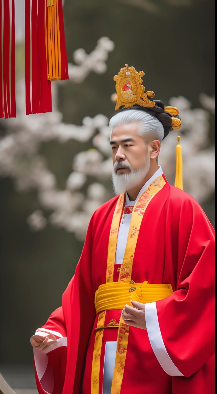Masterpiece, Highest quality, (solofocus),, (High detail: 1.1),dojo,Red and yellow robes,The male, Man, chinese crown, 1人,and white hair,超高分辨率 , Detailed background, realisticlying, wearing a detailed and intricate xianxia antique outfit