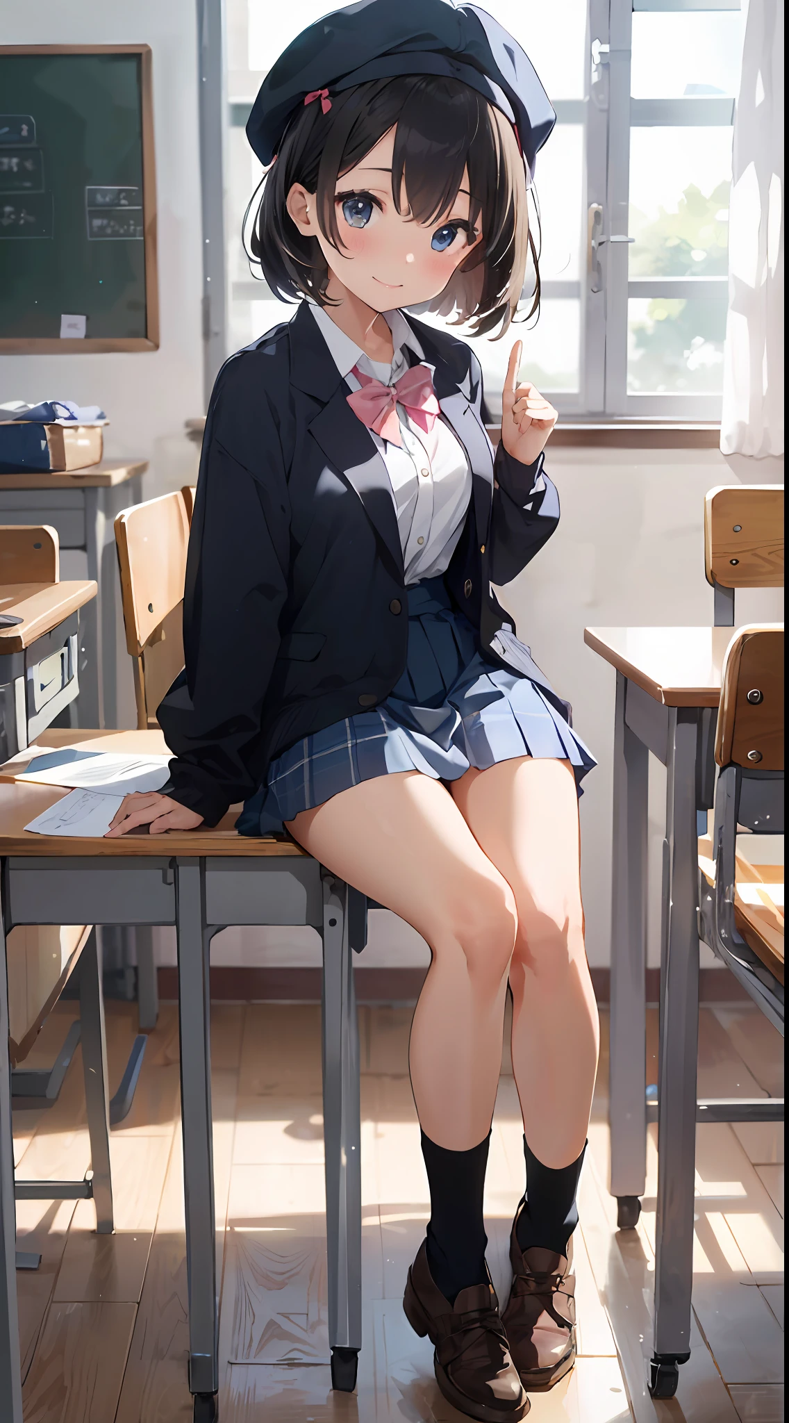 Masterpiece to the smallest detail、top-quality、realisitic、1girl in、独奏、18year old、Looks like 5 、140cm petite beautiful girl、small tits、5 year old ir、Gradient bob in the forward、Pink and violet mesh、Tall, big eyes、Outstanding looks、A lovely child、proximity、closed_moutmile、red blush、full of shyness、blue headwear、Hats、pink bowtie、校服、 Blue Blazer、blazers、Pretz skirt、grey skirt、Silk blouse、White blouses、an legs、Black socks、sitting on、Classroom、hair_ornament、looking_at_viewer、beatiful detailed eyes、Realistic eyes、panties on、unclear、Professional effects、unclear、Enhanced elegance、Innocent、wretched、maidennurse