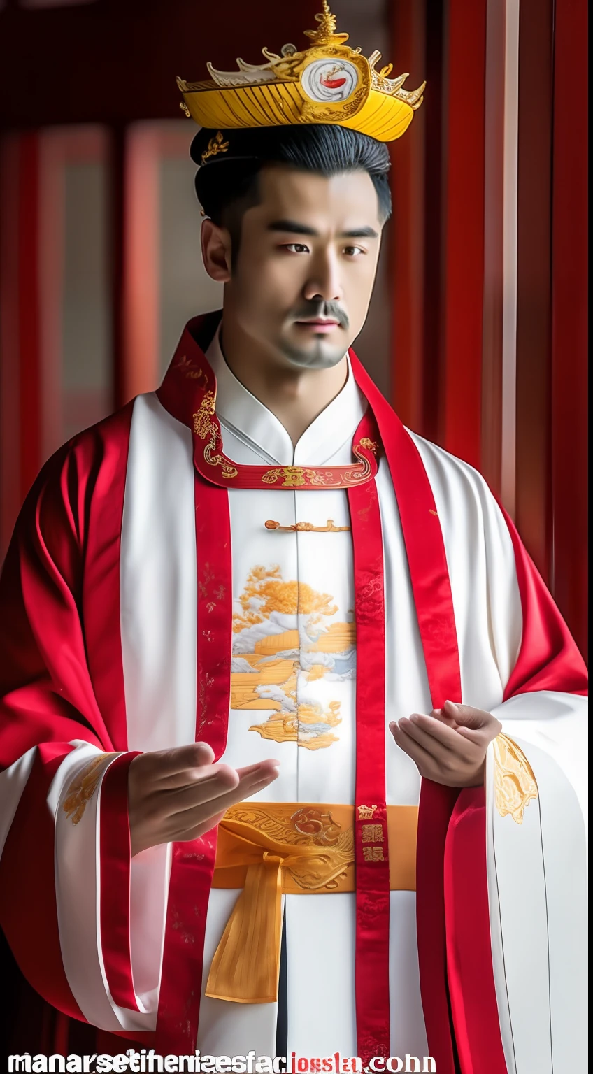 Masterpiece, Highest quality, (solofocus),, (High detail: 1.1),dojo，Red and yellow robes，The male， Man, chinese crown, 1人,and white hair,超高分辨率 , Detailed background, realisticlying, wearing a detailed and intricate xianxia antique outfit