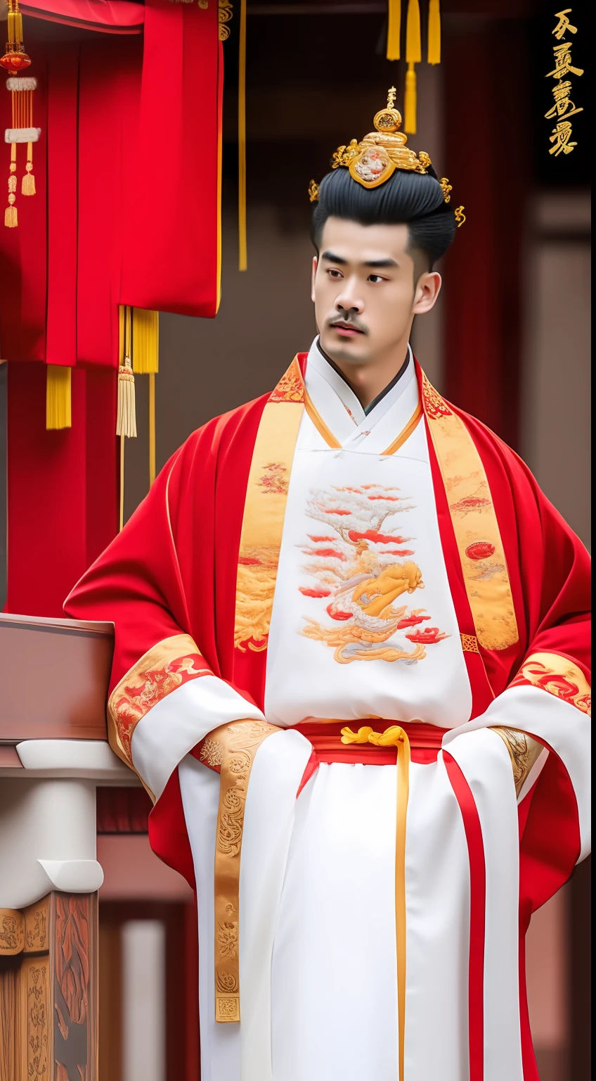 Masterpiece, Highest quality, (solofocus),, (High detail: 1.1),dojo,Red and yellow robes,The male, Man, chinese crown, 1人,and white hair,超高分辨率 , Detailed background, realisticlying, wearing a detailed and intricate xianxia antique outfit