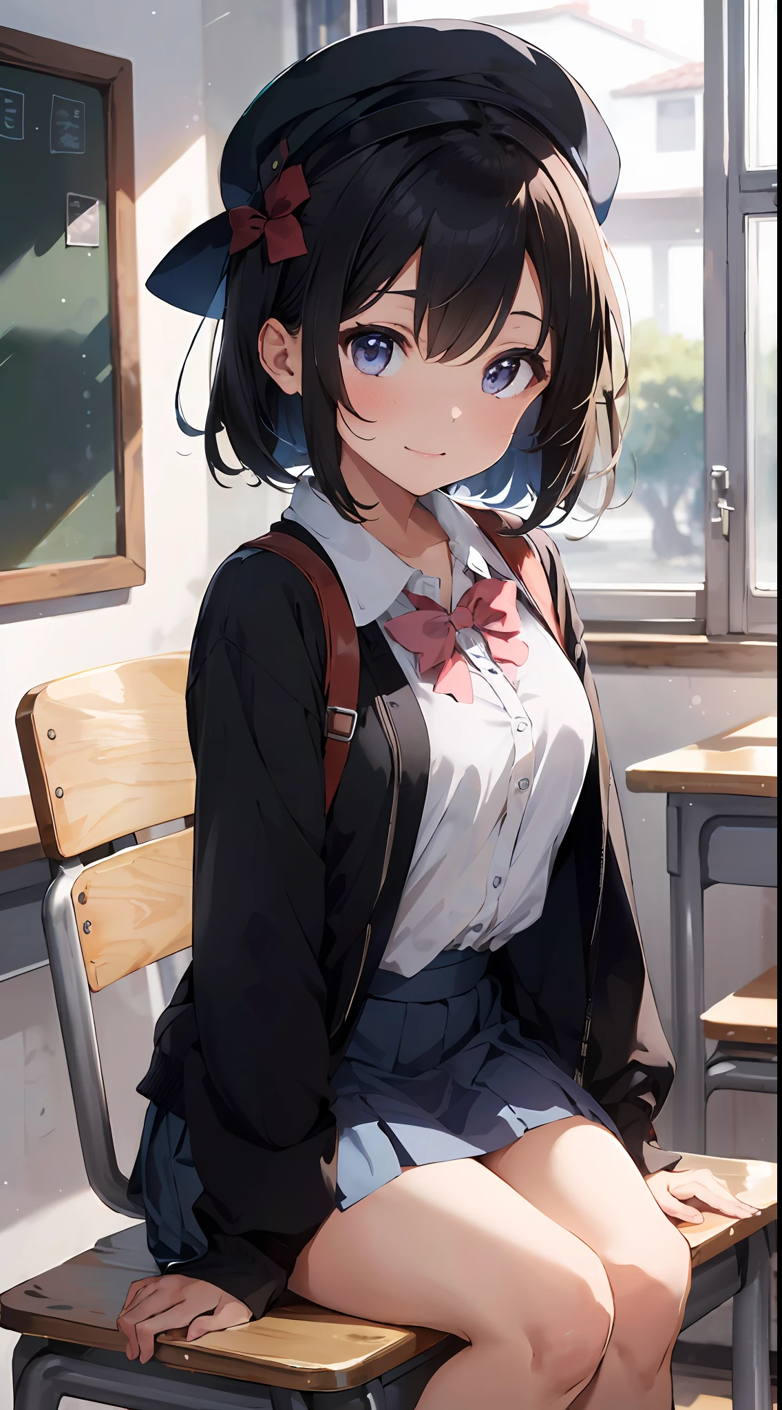 Masterpiece to the smallest detail、top-quality、realisitic、1girl in、独奏、18year old、Looks like 5 years old、140cm petite beautiful girl、small tits、5 year old baby face、Silky hair、Gradient bob in the forward、Pink and violet mesh、Tall, big eyes、Outstanding looks、A lovely child、proximity、closed_mouth、a smile、red blush、full of shyness、blue headwear、Hats、pink bowtie、校服、 Blue Blazer、blazers、Pretz skirt、grey skirt、Silk blouse、White blouses、an legs、Black socks、sitting on、Classroom、hair_ornament、looking_at_viewer、beatiful detailed eyes、Realistic eyes、panties on、unclear、Professional effects、unclear、Enhanced elegance、Innocent、wretched、maidennurse