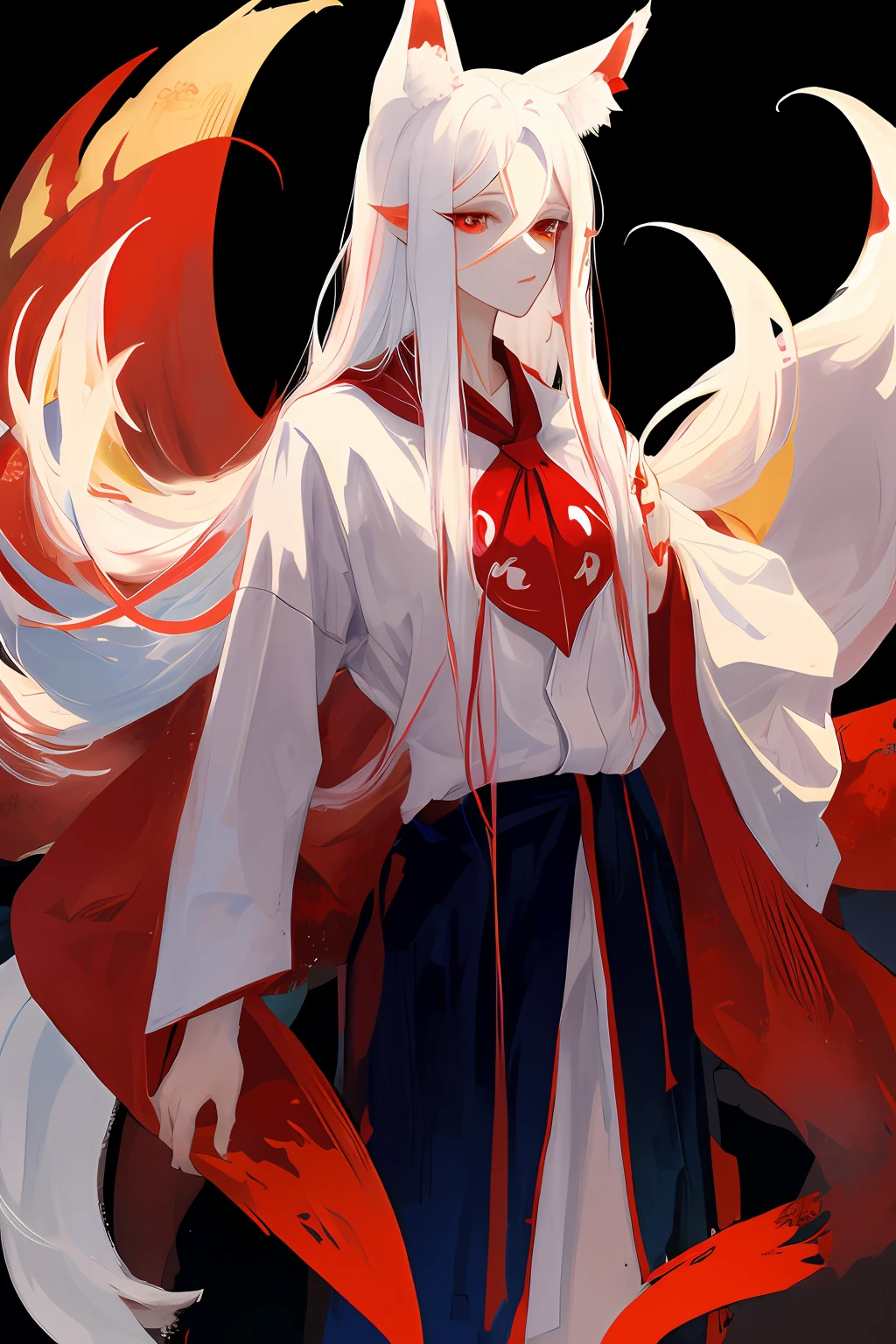 A guy with long white hair and red eyes, fox ears and 9 tails