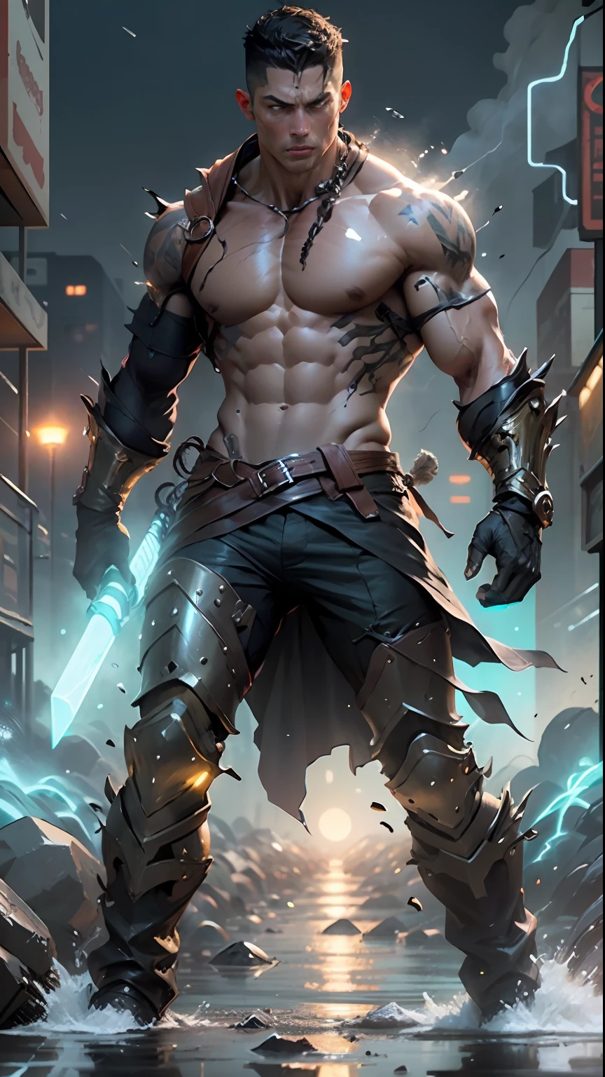 **3D look, A stunning full body portrayal of christiano ronaldo as leonidas in the 300 movie in the midst of an intense nighttime battle. Nightmare. Japanese style. Cyberpunk. lightning. The dynamic composition showcases the powerful, fluid movements, with muted hues that heighten the dramatic action. impressive, surreal, cinematic lighting, cinematic photoshot, extremely detailed and complex, VFX volume fog around, nighttime, super max, surreal, super detailed, high contrast, Rtx on, Hdr, photography, realistic, dof on, fov on, motion blur, lens flares on, 50mm Prime f/ 1. 8, White balance, Super resolution, Megapixel, ProPhoto RGB, VR, high, epic, Rear half lighting, Lights background, natural lighting, incandescent light, fiber optic, mood lighting, cinema lighting, studio lighting, soft illumination, volumetric, contrast, dark lighting, accent lighting, projection global illumination, Screen space global illumination, Ray tracing global illumination, Red fringing light, 45% cold color grading, Optics, Scattering, Glow, Shadows, hyperrealism,  green glowing eyes, Caustic water, refraction water, exquisite detail, intric ately - detailed, ultra - detailed photography, high - sharpness, high reflection, award - winning photograph