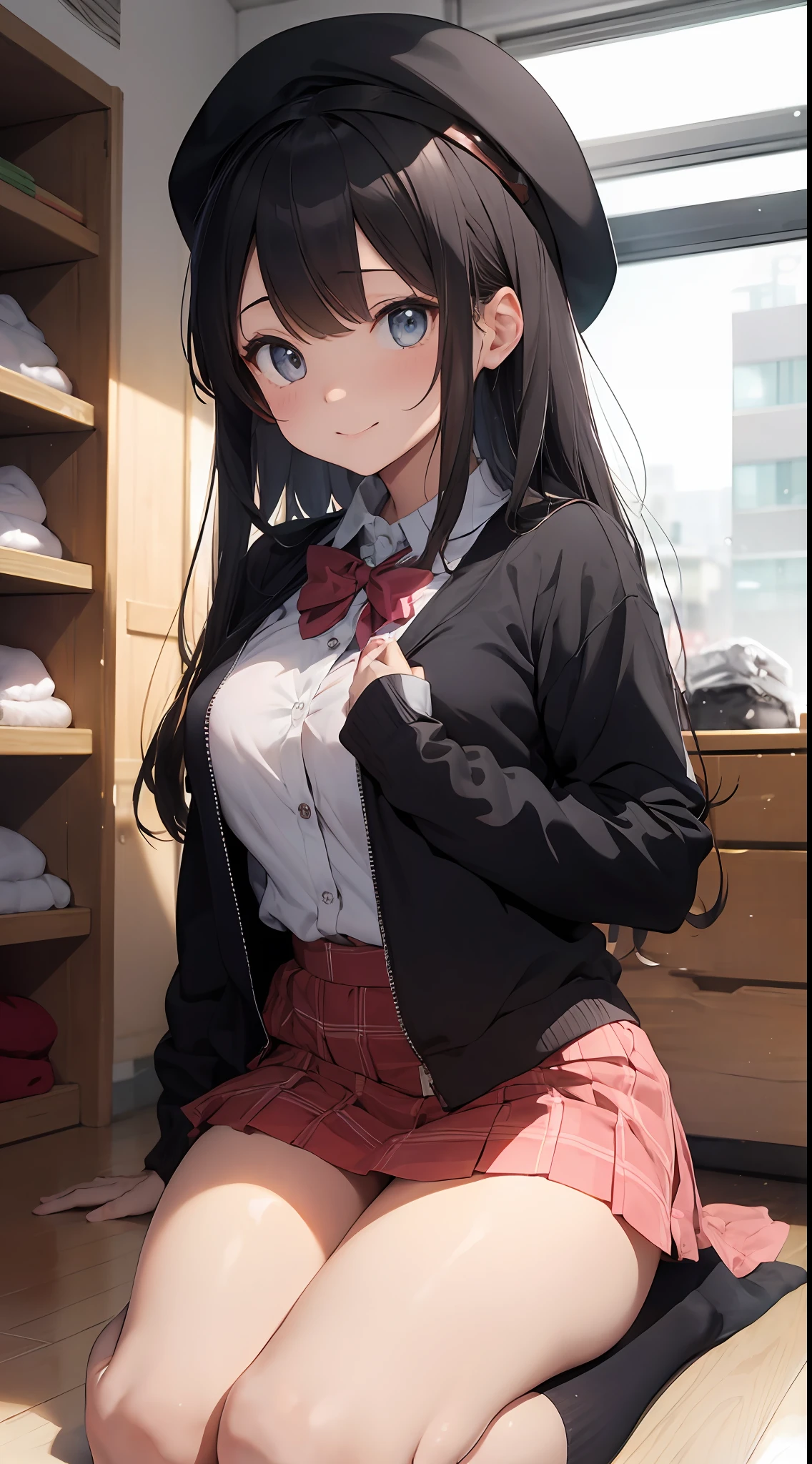 Masterpiece to the smallest detail、top-quality、1girl in、独奏、25-years old、170cm、Receptionist、Model body type、perfectbody、Breasts so big that they hang on the floor、Non-existent 130 cm chest、ＸCup milk、Realistic nipples、Extraordinary Beauty、Hair with silky texture、Gradient bob in the forward、Two-color mesh、Realistic eyes、Outstanding looks、unclear、proximity、closed_mouth、a smile、red blush、full of shyness、Hats that look good、Hats、pink bowtie、校服、 Blue jacket、jaket、skirt by the、Gray pretz skirt、Cutter shirt、white  shirt、an legs、Black socks、sitting on、s Office、hair_ornament、looking_at_viewer、beatiful detailed eyes、Charming gestures、panties on、lift up one's skirt、Professional effects、Shame、Reveal madness