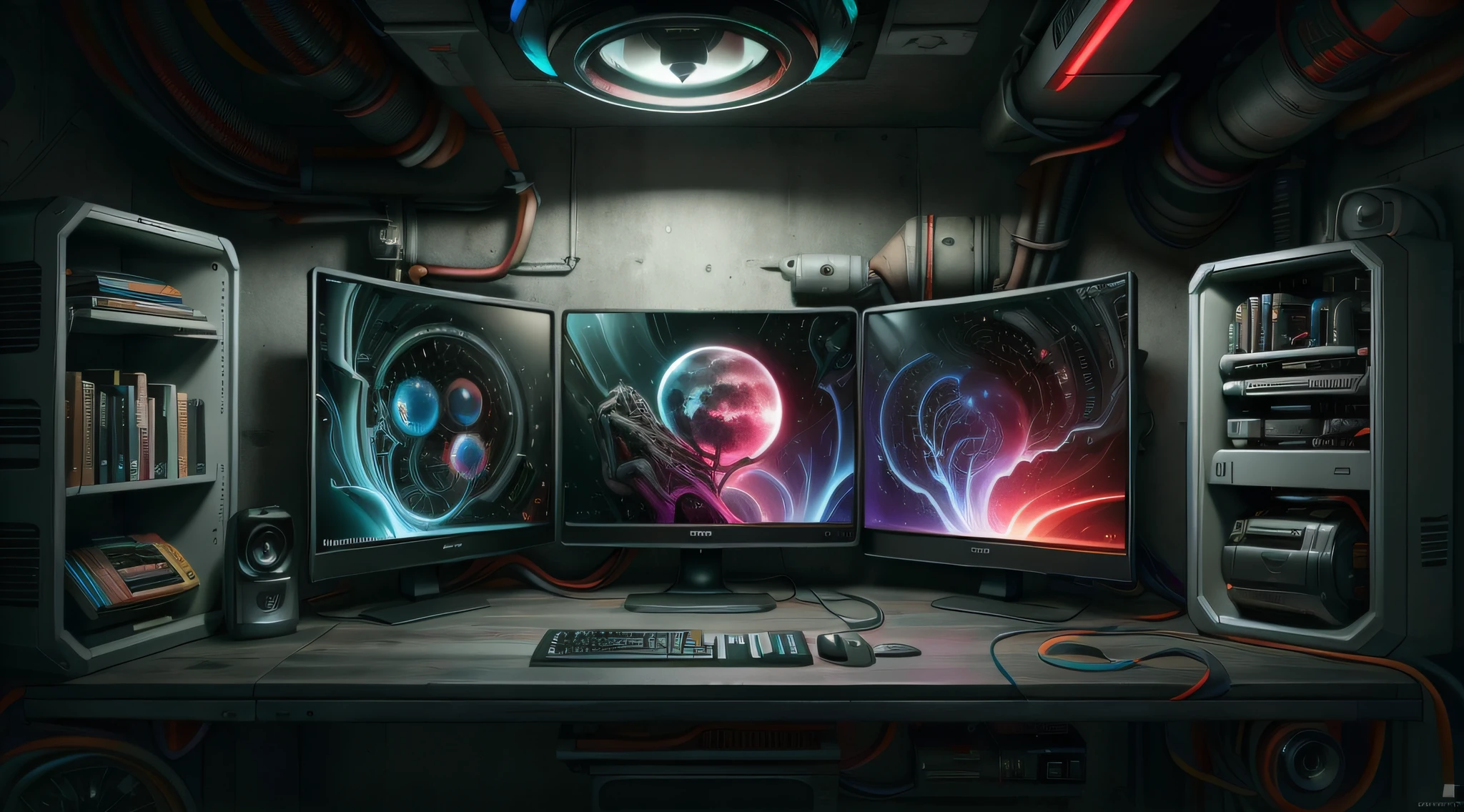 computador gamer, RGB, Video card, cupboard, monitor com papel de parede de paisagem, teclado, setup completo, efeitos de luzes, moderno, technological, auto retrato hiper-realista, 8k UHD, DSLR, grain of film, pintura fotorrealista Fujifilm XT3 arte midjourney,