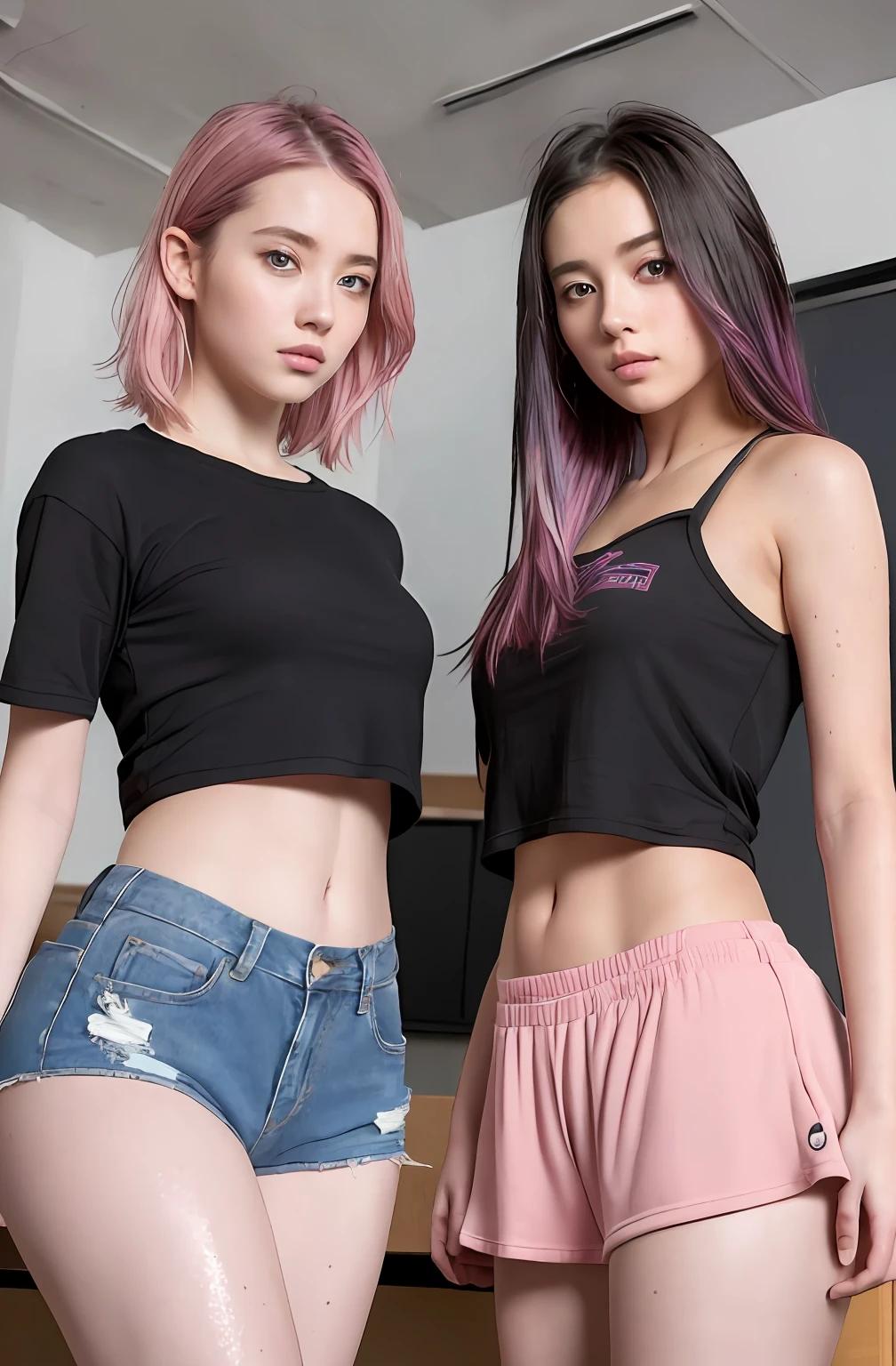 ModelShoot style,(((2girls,duo))),RAW photogr,(Masterpiece:1.3), (absurderes:1.3), (Best quality:1.3), (8K), (large-scale masterpiece Digital art), (Detailed manga illustrations), (Handle Hair), Perfect anatomy, (Intricate details:1.3), (Ultra-detailed:1.3), (illustration:1.3), (Sharp focus:1.3), (Vivid colors:1.3), 1girll, Solo,  azki, heartthrob, (Short hair:1), hair between eye, multicolored hair, (two tone color hair, Pink hair, Black hair), Purple eyes, Floating hair, Leaning back, (Sweat, drops of sweat), (Wet, Wet clothes, Wet hair, Glossy), (Shy, embarressed, Blush), cheer leader, Crop top, Skirt, Miniskirt, Indoors, (Classroom, classroom desk, school chair, window)