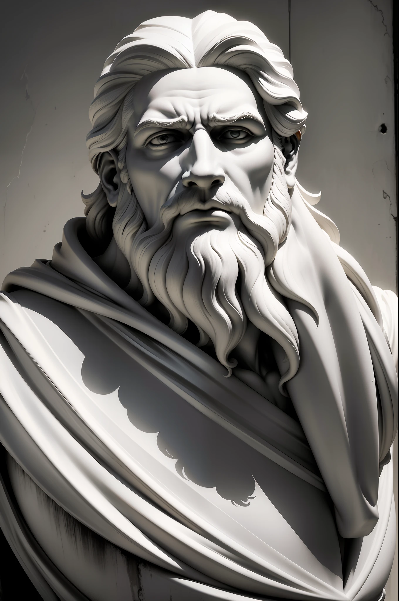 uma foto em preto e branco de um busto de um homem com barba, stoicismo, eStoic facial expression, Stoic face, stoic, Divine and Stoic, Pose stoica, stoico and calm, Stoic attitude, inspirado em Pietro Testa, classic sculpture, Severiano de Nessus, Imperador Romano, Retrato de Zeus acidentado, corpo inteiro