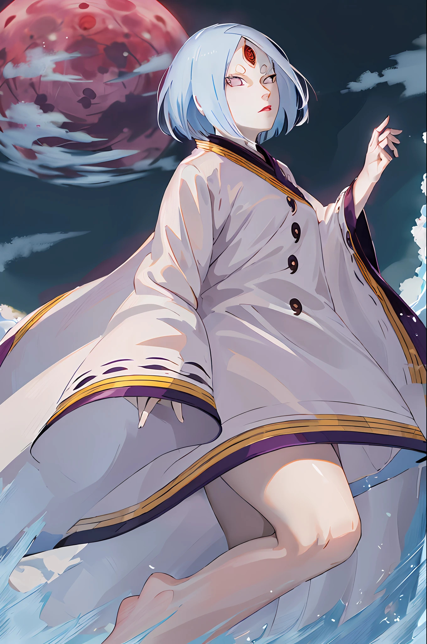 masterpiece, top quality, incredibly detailed, ultra-detailed, incredibly delicate and beautiful, masterpiece, 1 girl, solo, kaguya, mature woman, short hair, pink tips, third eye, , pale skin, short white eyebrows, Akatsuki kimono , floating hair, looking at the viewer, purple moon, night, cloudy sky