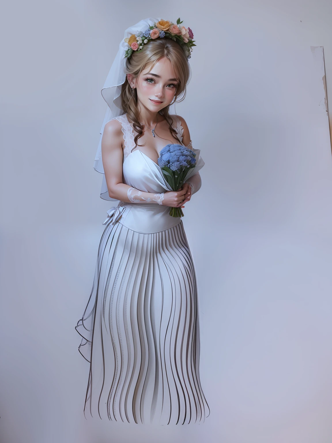 Drawing in a realistic art of a smiling bride holding a bouquet of flowers