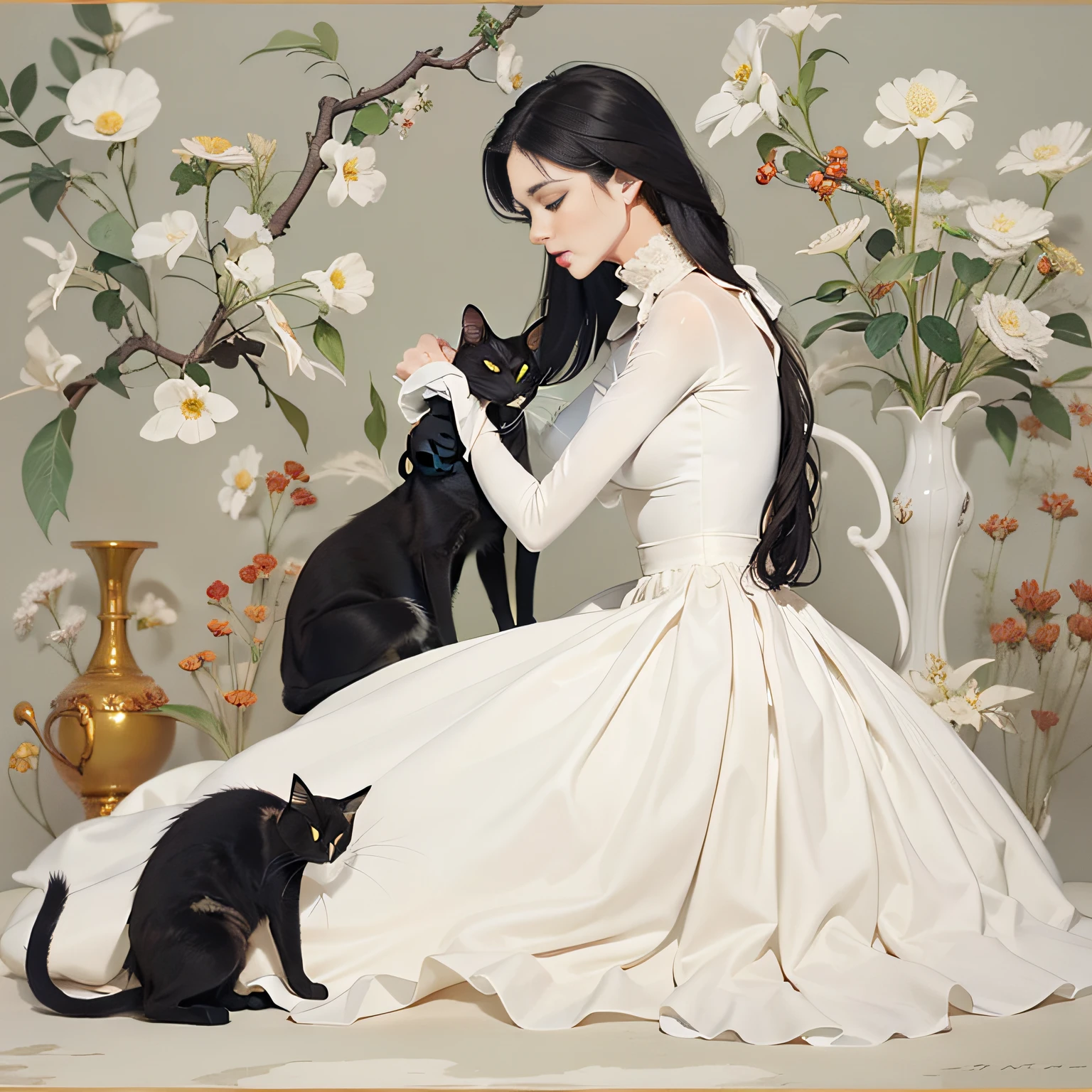Suggested keywords: Black cat, Playfulness, White Dress, woman
Suggested colors: The main color is white, Secondary color is black
Proposed styles: Simple and elegant
Suggested textures: Smooth texture like cotton or silk
Description of the proposed line: Curves and soft lines
Description of the proposed form: Feminine and elegant form