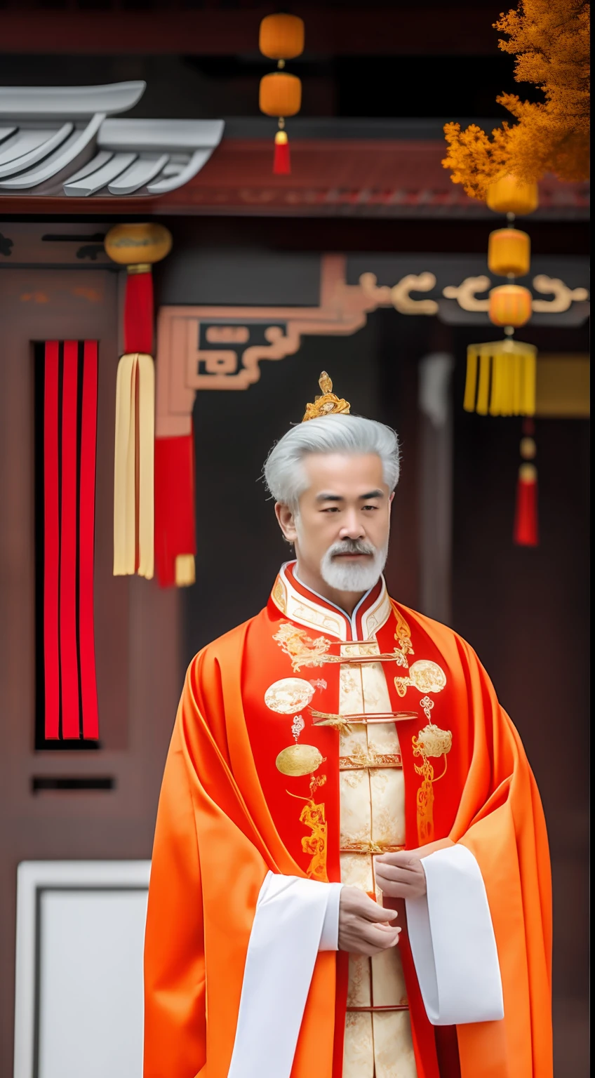 Masterpiece, Highest quality, (solofocus),, (High detail: 1.1),dojo，Red and yellow robes，The male， Man, chinese crown, 1人,and white hair,超高分辨率 , Detailed background, realisticlying, wearing a detailed and intricate xianxia antique outfit