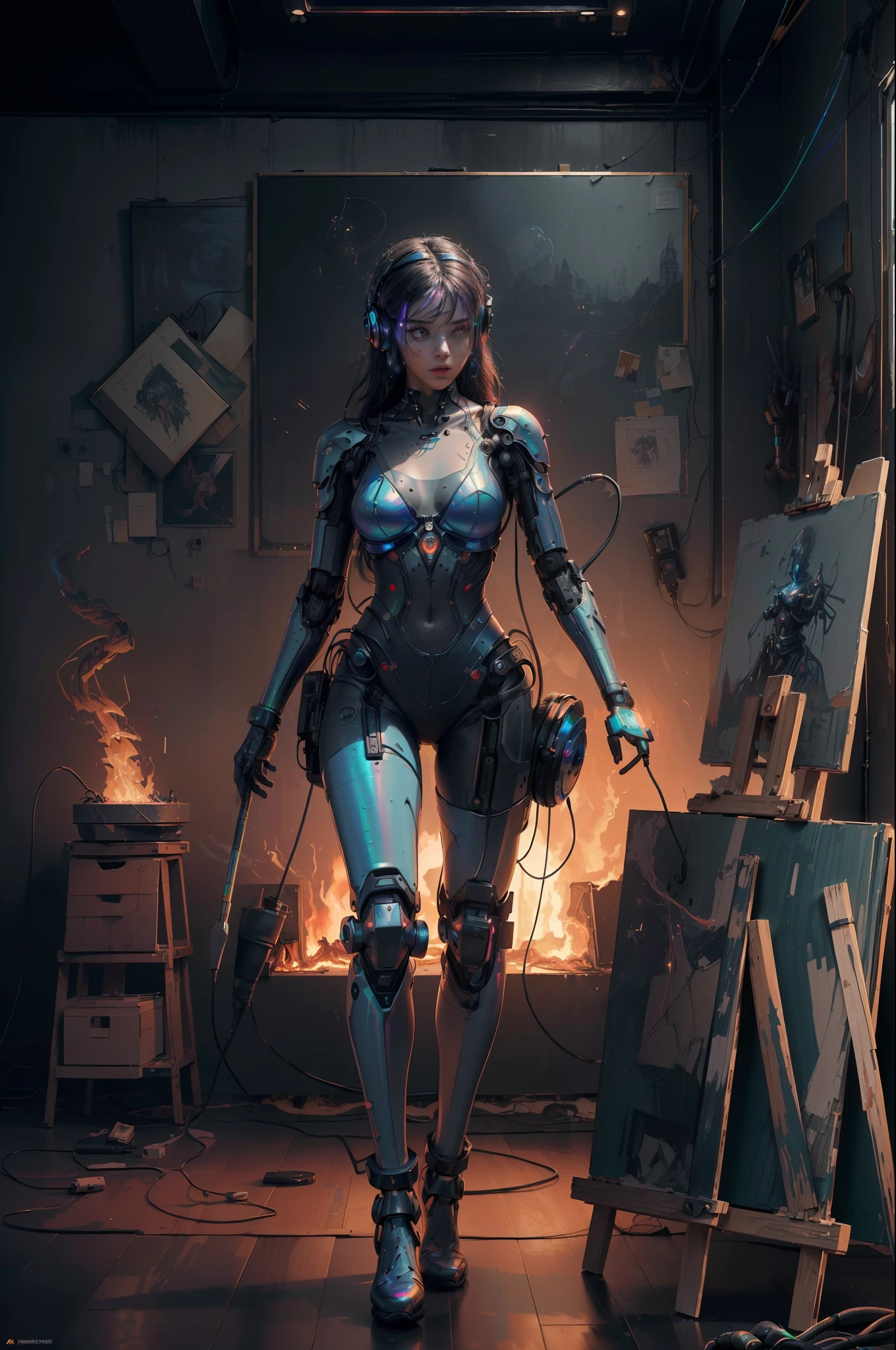 (masterpiece, best quality, highres, absurdres, detailed:1.2), humanoid, robot, wearing headphones, looking away, (cyberpunk, art canvas, paint brush, easel, iridescent, holographic: 1.6), (cables, wires, flames, fire, smoke, overheat, explosion, indoors, room, simple background)