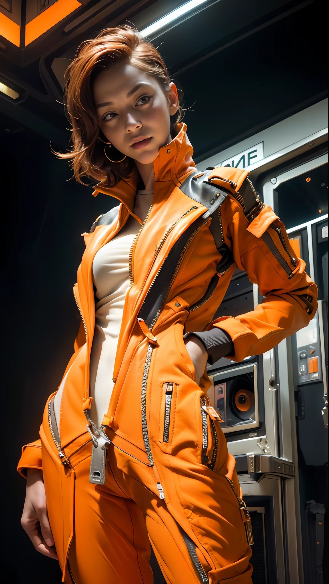 Italian woman (30 years), (orange space suit:1.4), (red hair:1), (standing inside space telephone booth:1.3), (open chest:1.3), (open zipper:1.7), full-body portrait, (erotic:1.6), very detailed abandoned spaceship in background, super detailed, photorealistic realism, sunlight, ealistic skin details, visible pores, amazing beauty, dynamic pose, (sexy:), delicate face, (from the front), detailed face, 8k uhd, DSLR camera, high quality, film grain, Cinematic Light, sidelighting, Lens Flare, Ray tracing,