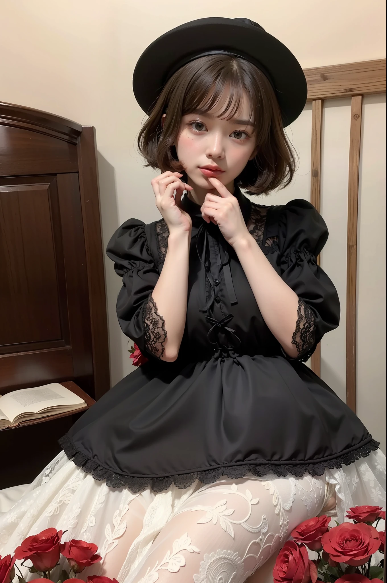 Photo Real、photoRealstic Golden hair、Depigmented hair、Short hair、Straight hair、Lots of bangs big eye、with round face、Plump cheeks、The contours of the face are round、a small face、a baby face japanes、sixteen years old、tiny body、skinny body、young body、Soft thighs Black Mini Hat、Lolita Fashion、Red Wedding Dress、Black frills、Wear lace、Dresses that stand out、Decoration Dresses、a short skirt、Unique clothing Adult Pose、Bold poses、Faces close、Face Close-up、Blushing、Looking here、stick out your tongue and lick、Fluid around the mouth、droolng Background with、Old-fashioned Western-style building、Western-style castle、a castle yard、Flower Garden、Red flowers