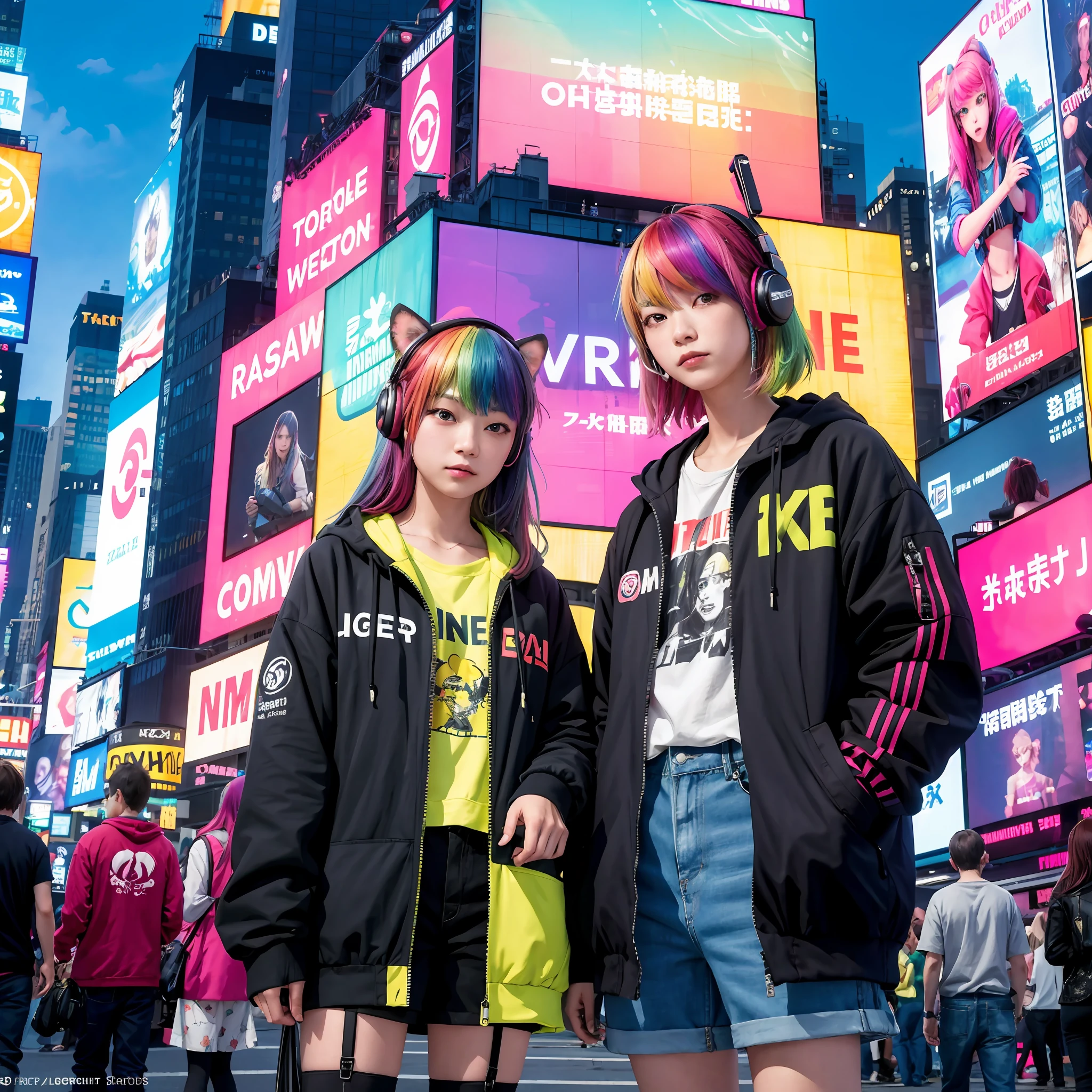 (in 8K、RAW Photos、top-quality、​masterpiece:1.2)、(realisitic、Photorealsitic:1.37)、ultra-detailliert、超A high resolution、1girl、独奏、rainbow hair、parka、espadrilles、straight haired、headphones、Long、full bodyesbian、natta、neons、Times square、cyberpunked