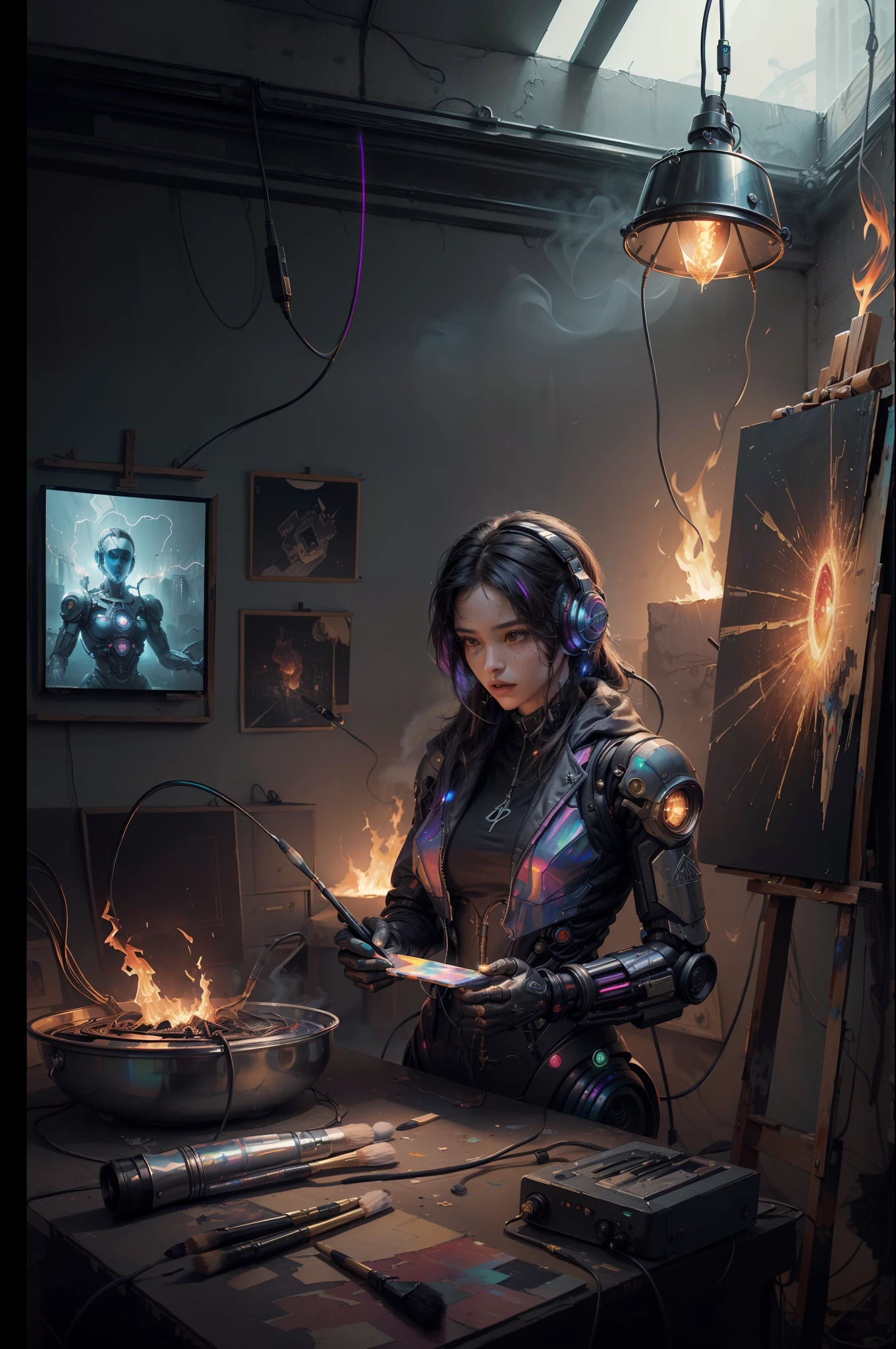 (masterpiece, best quality, highres, absurdres, detailed:1.2), humanoid, robot, wearing headphones, looking away, (cyberpunk, art canvas, paint brush, easel, iridescent, holographic: 1.6), (cables, wires, flames, fire, smoke, overheat, explosion, indoors, room, simple background)