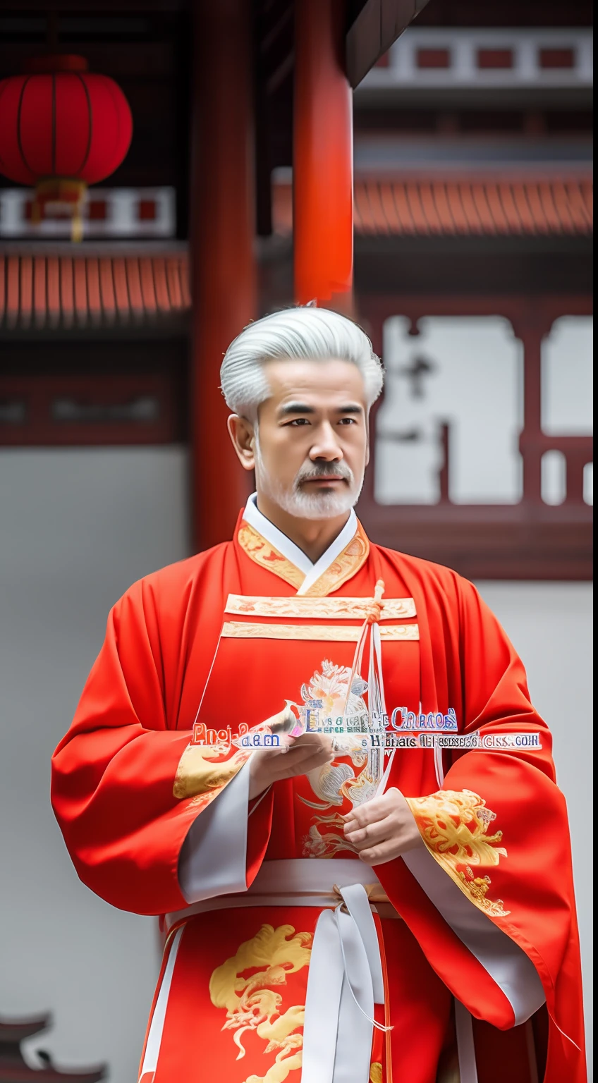 Masterpiece, Highest quality, (solofocus),, (High detail: 1.1),dojo，Red and yellow robes，The male， Man, chinese crown, 1人,and white hair,超高分辨率 , Detailed background, realisticlying, wearing a detailed and intricate xianxia antique outfit