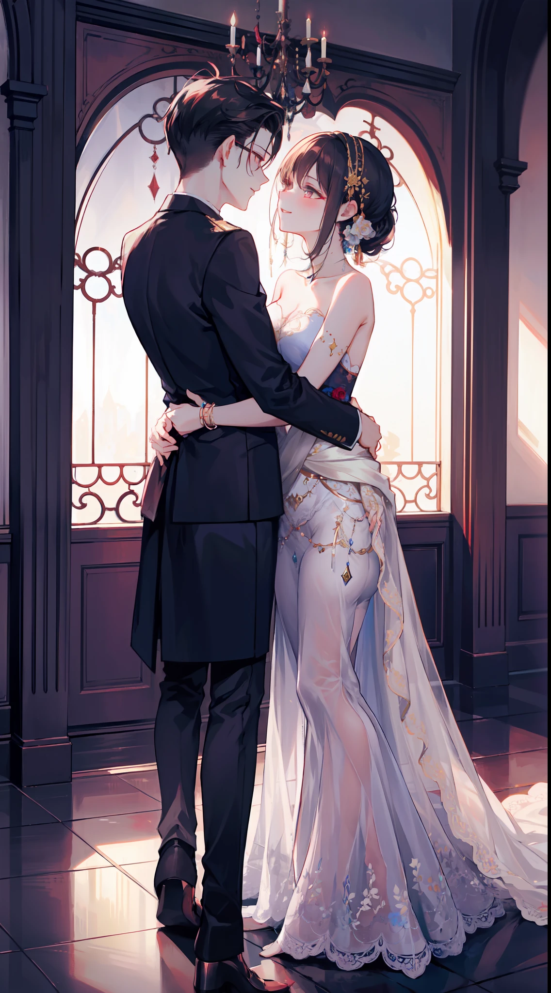 In the grand medieval ballroom, illuminated by the soft glow of flickering torches and adorned with intricate tapestries, a pair of lovers moved gracefully across the polished marble floor. The air was filled with the melodic strains of a minstrel's lute, weaving a tapestry of enchanting notes that seemed to embrace their every step.

He, a gallant knight with chiseled features and eyes as deep as the night sky, donned his finest attire—a velvety tunic adorned with golden threads and a polished suit of armor that gleamed under the gentle light. His gloved hand rested gently on her waist, his touch firm yet tender, as he guided her with practiced ease.

She, a vision of elegance and beauty, wore a gown that cascaded in waves of silk and satin, the color of midnight with accents of silver that shimmered like stardust. Her hair, adorned with delicate jewels and a single blooming rose, framed a face that radiated both innocence and passion. Her eyes locked onto his, sparkling with a mixture of devotion and desire.

As they danced, their steps were perfectly synchronized, a harmonious ballet of movements that spoke of an unspoken connection between their souls. The ballroom seemed to fade away, leaving only the two of them locked in a timeless embrace, swaying to the rhythm of their hearts' desires.

Around them, nobles and courtiers observed in hushed admiration, their whispers blending with the music like a soft breeze through the open windows. The lovers were the center of attention, yet in their shared world, they were the only ones that truly existed.

With each twirl and dip, their laughter mingled with the melody, a symphony of joy that echoed through the opulent chamber. Their love was a story written in every step, every glance, every touch—a story that transcended the constraints of time and place, a story that would be told for generations to come.