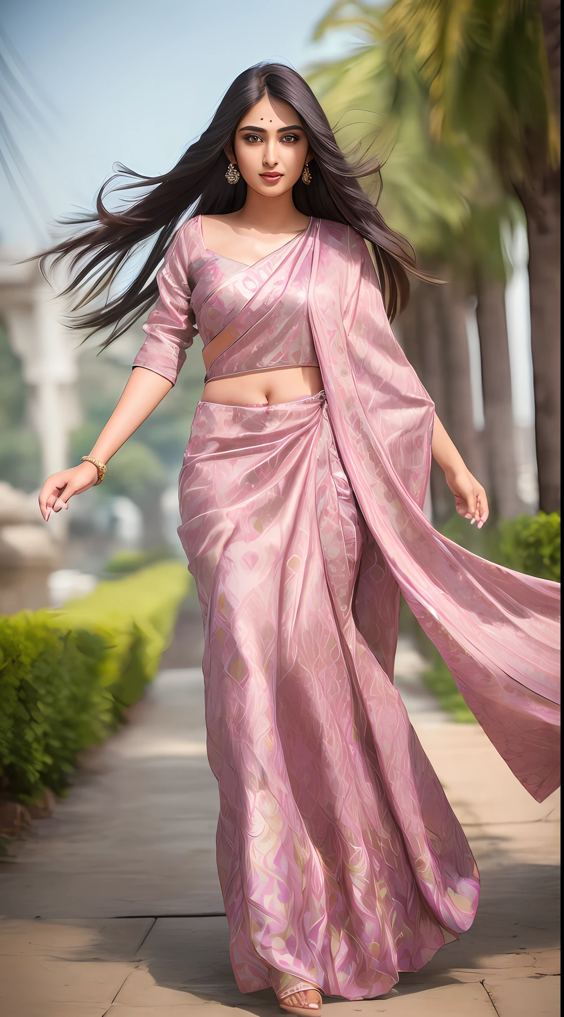 sfw, (hyper realistic photo of 25 year old gorgeous 1girl), wearing beautiful large silk printed gown, 4k, 8k, (depth of field:1.2), bokeh, full body photo, ultra detailed, (mischievous:1.2) alluring, ((25 year old most beautiful Indian girl)), beautiful face, beautiful eyes, beautiful nose, beautiful lips, beautiful body, makeup on face, hair and clothes flying with wind, highly detailed, hyper realistic, shot from a distance, ultra wide camera