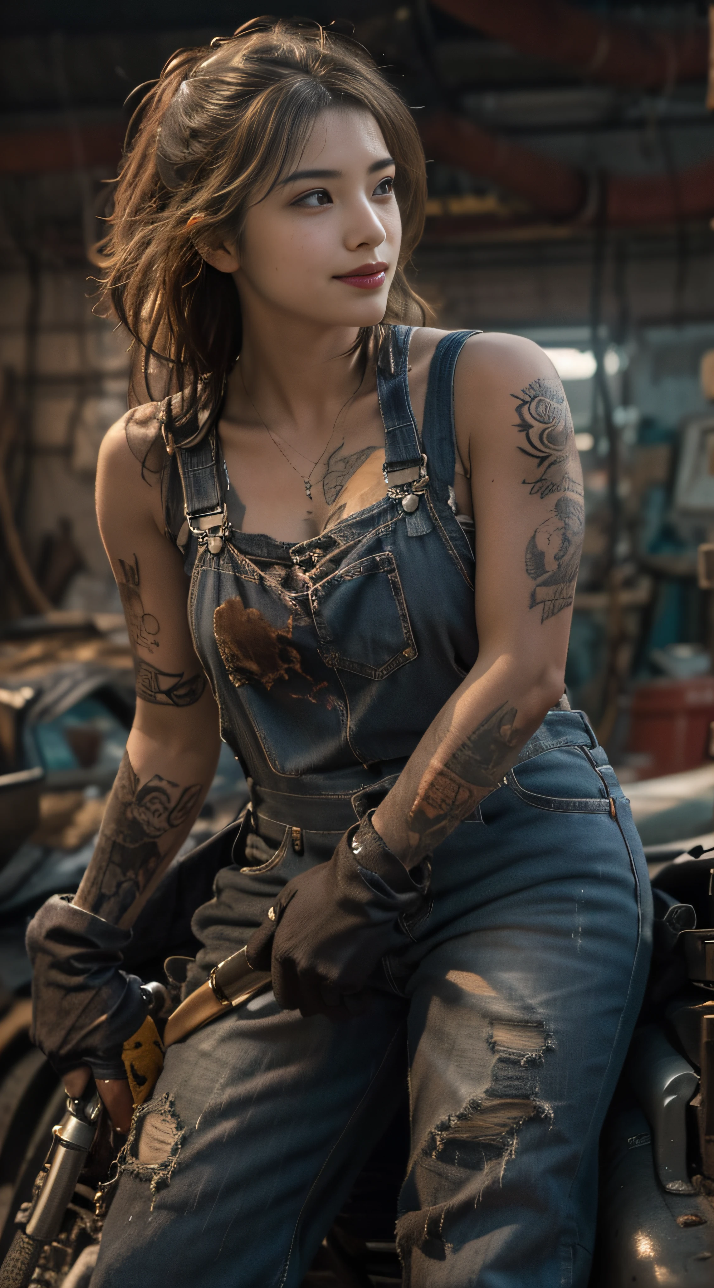 ((best quality)), ((masterpiece)), (detailed), mesmerizing and alluring female mechanic covered in grease,Confident smile，(Dirty and rugged charm:1.2), (tough and confident demeanor:1.1), (mechanical expertise:1.3), disheveled hair, smudged face with a playful smirk, stained overalls clinging to her curves, (gritty tools of the trade:1.2), cluttered repair shop, scattered car parts, (authentic automotive ambiance:1.2), (intense gaze:1.1), gripping a wrench in her dirty hands, 8k resolution,looking at another, looking away,( tattoo:1.2), masterpiece, best quality,Photorealistic, ultra-high resolution, photographic light
