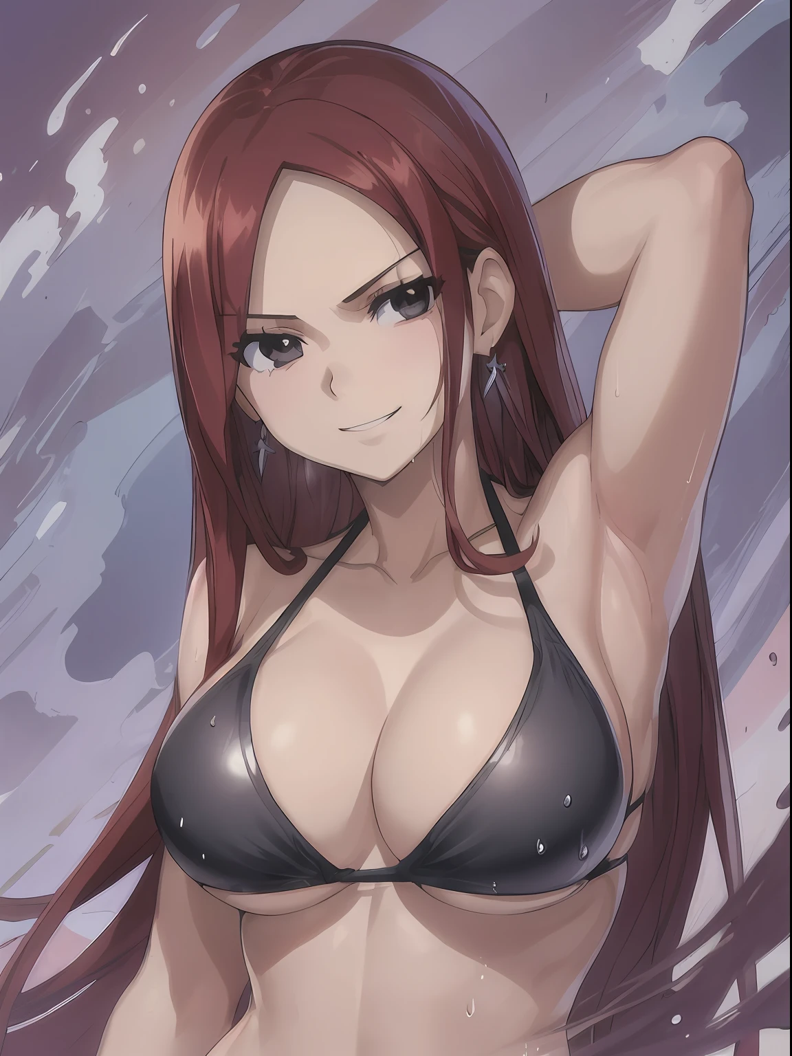 pure white detailed background, masterpiece, 4k, easy going, epic, best quality, cheerful, late youth, adult, milf, athlete, 1girl, solo, erza scarlet, fairy tail, red hair, brown eyes, long hair, looking at viewer, sidelocks, masterpiece, 4k, epic, best quality, cheerful, late youth, adult, milf, athlete body, 1girl, active, energic, ((wide open mouth, smile, laughing, (folded legs, smile, open eyes, hands spread sideway, jumping, ((large breasts, black bikini: 1.5 )))) , solo, erza\(fairy tail\), 1girl, (very missy hair, tired, open mouth, feeling hot, tilting head, open eyes, perfect detailed face, detailed round face) bold drawing lines, muscular arms, detailed bold body lines, flat jaw, adult woman, ( bare shoulders, off-shoulders,  springy breasts, breast lines, big round eyes, very big brown shiny eyes,  high eye position, cleavage, denim, earrings, floating hair, wavy hair, shiny hair, ((hair over one eye)), bold groin lines, long hair, looking at viewer, long navel, wet hair, red hair, stomach, big forehead, toned body, wide hair, wind effect, older, cowboy shot,