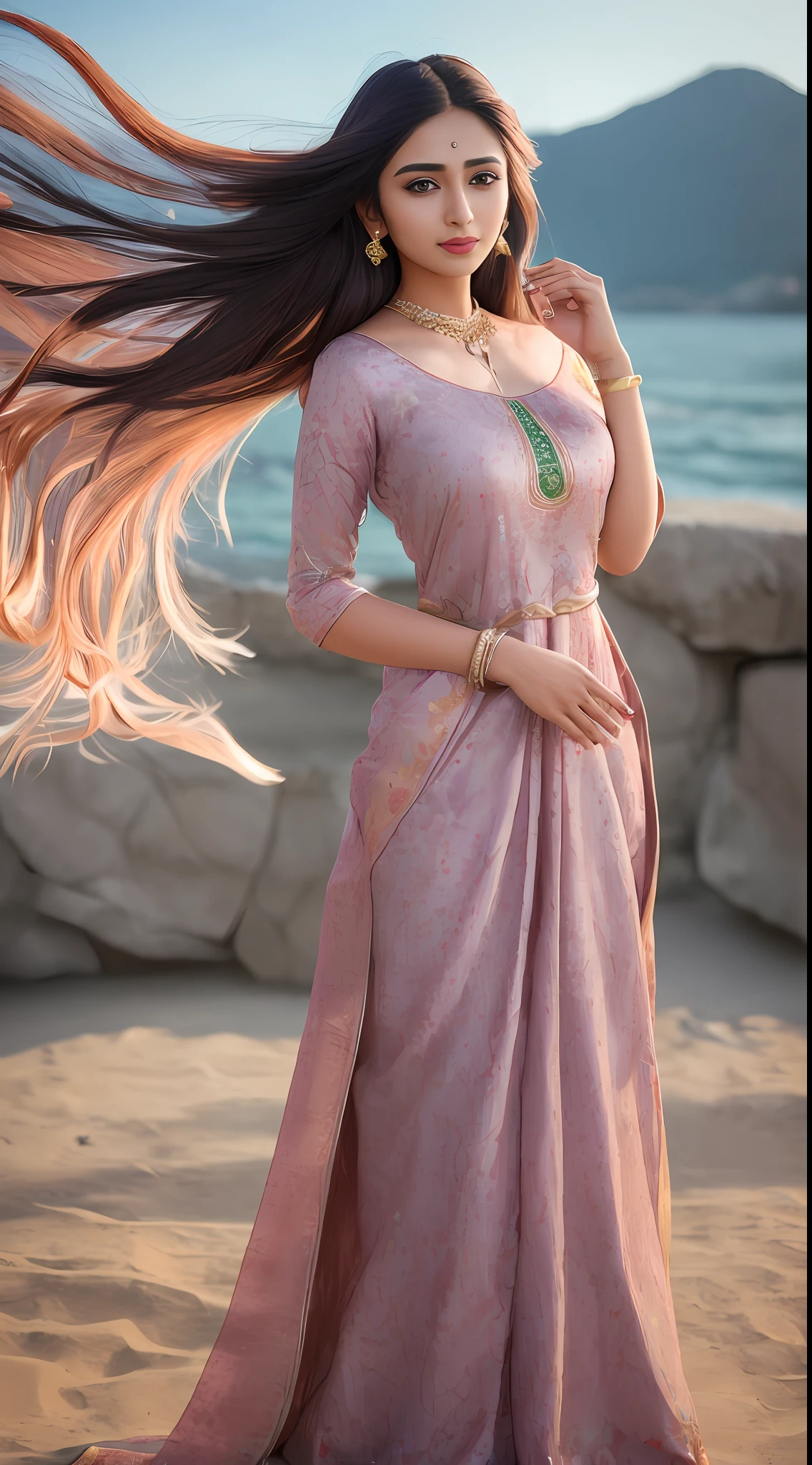 sfw, (hyper realistic photo of 25 year old gorgeous 1girl), wearing beautiful large silk printed gown, 4k, 8k, (depth of field:1.2), bokeh, full body photo, ultra detailed, (mischievous:1.2) alluring, ((25 year old most beautiful Indian girl)), beautiful face, beautiful eyes, beautiful nose, beautiful lips, beautiful body, makeup on face, hair and clothes flying with wind, highly detailed, hyper realistic, shot from a distance, ultra wide camera