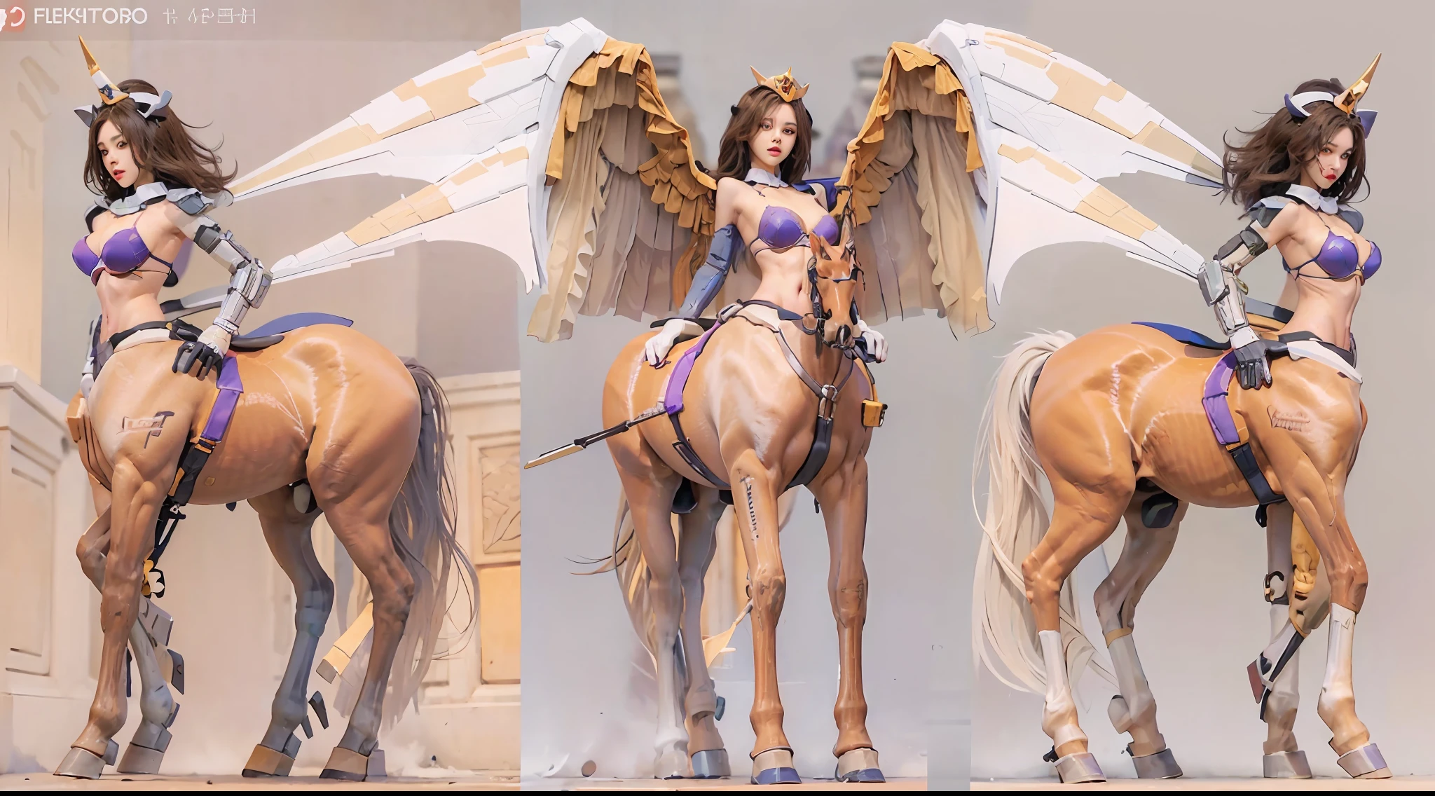 Female centaurs，She is famous in the multiverse，She is both a female centaur, half human, half horse, half horse，is also a female heroine。She mixed two images，The first is a horse's head/Neck/Shoulder these parts，After feminization，The upper body transforms into a beautiful human，Female, Centaurs, Half-human, half horse, Half-human，The second is the waist of the horse/hason/gluteal/Feminization of the legs，Female half-horse with beautiful woman's，Chimer，It's like a female human wearing a half-horse costume，Make seamless chimeras。，This chimerization is based on powerful futuristic technology。The ultra-wide-angle lens captures images of her sleek, ethereal wings charging and jumping across the ionosphere。Her front half is distinctly feminine，Tall and  body，Has K-cup teardrop-shaped  chest，It has a small man's waist butterfly spanning long legs，The half-horse part of the hind body，Embedded in the front half of the body's hip position。Horse shape, The half-horse torso form of her back body is entirely feminine and human。A  curved  ribcage is embedded from the upper end of the sternum into the lower back position of the beauty's body/lower back/Ventral。Then there are the straight  of  beauties，Her entire body has been completely feminized，Including the half-horse part。Mechanized armor covers the legs with knee-shaped anti-joints and feet，And these parts are highly anthropomorphic，This makes her legs graceful and slender，Her four horse legs exploded in proportion to length，Slim and toned，Under the legs are skinny white feet wearing skyscraper heels，Use the advanced stroke tools and color palettes halfway through, and texture packs, Model package, and texture tools，Concentration，Feminize all parts of its original horse's physiological appearance，And give these parts an ergonomic appearance，Fine treatment of the thoracic and abdominal cavity of the hind body，As well as the  and legs，Closely connected structural details，Tighten the tra