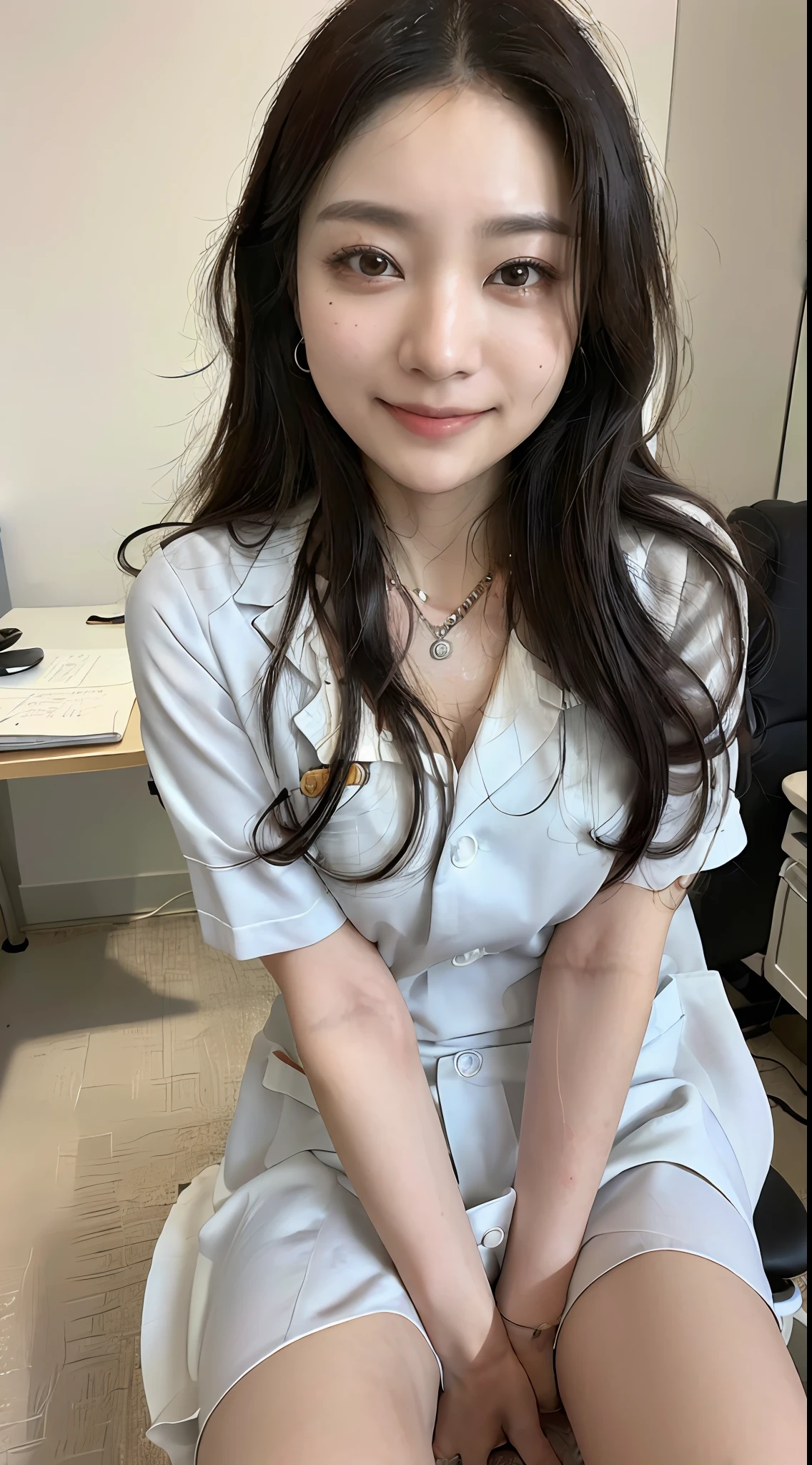 ((top-quality、8K、masterpiece:1.3))、((1womanl))、((A Japanese Lady))、((A MILF))、((45 yers old))、((slim figure))、((Female Ophthalmologist))、((Detailed eye examination room))、((Office Desk))、((Office Desk Tonometer))、((Detailed office chair))、((Sitting on an office chair))、((beautifully detailed hair))、((Float NovaFrogStyle))、((Black hair Long hair))、((Extraordinary beauty))、((Beautiful and ultra-detailed face))、((kindly smile))、((Detailed lab coat))、((Beautiful and detailed scruff))、((Detailed necklace))、((Beautiful and detailed hands))、((Detailed long skirt))、((Sitting cross-legged))、((Detailed beautiful legs))、((Beautiful and detailed ankles))、((Detailed anklet))