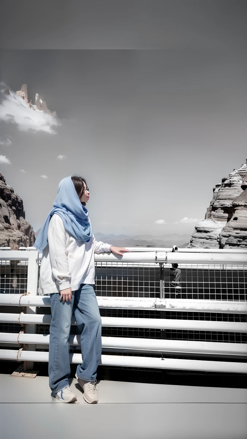 there is a man sitting on a bench with a blue scarf, white hijab, shot on leica sl2, at the top of a red rock canyon, casual photography, shot on nikon z9, photo taken with canon 5d, color photo, shot on nikon d 3 2 0 0, !! low contrast!!, in mountains, at the desert