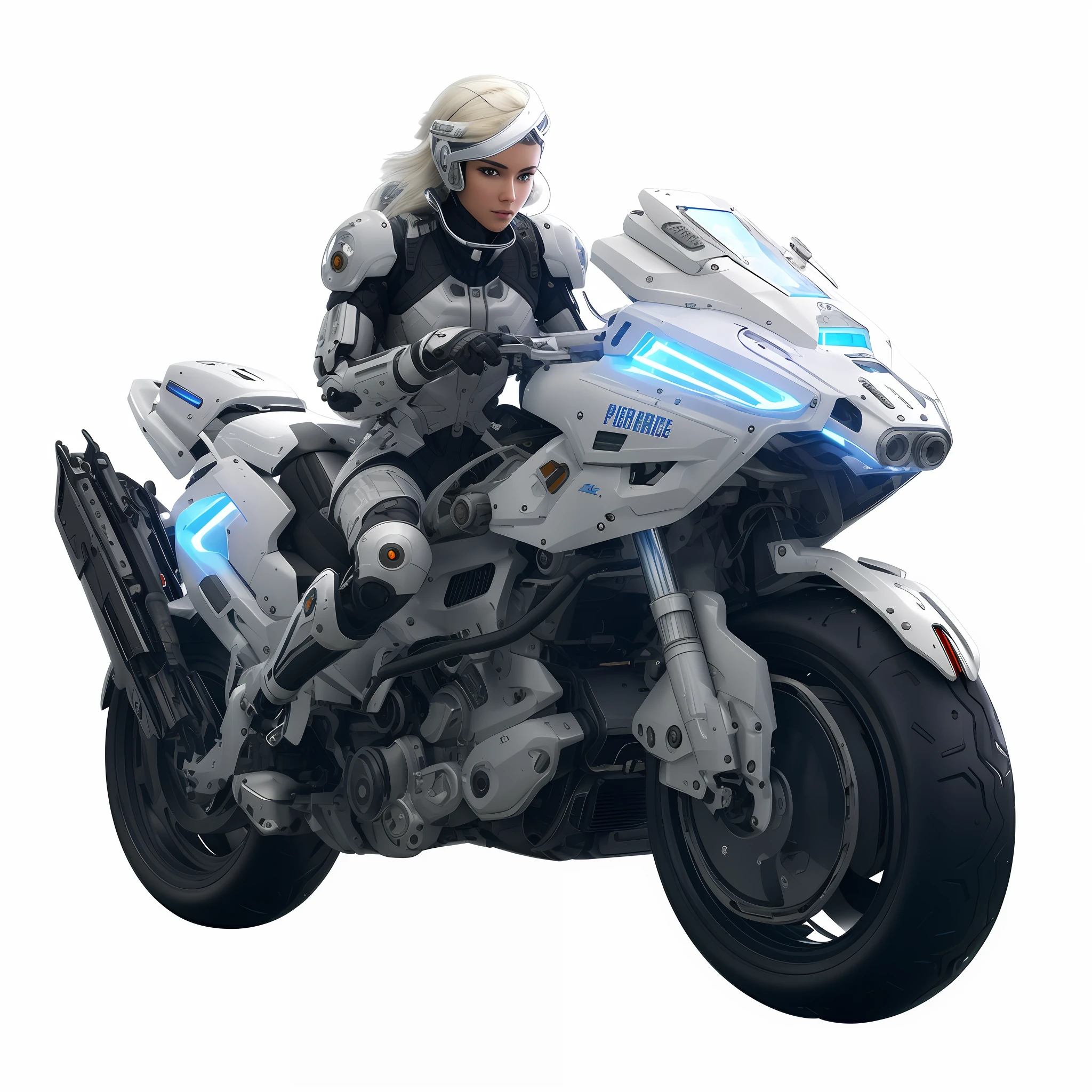 There was a policewoman riding a motorcycle wearing a helmet, sitting on cyberpunk motorbike, riding a futuristic motorcycle, motorcycle concept art, in white futuristic armor, cyborg - girl with silver hair, Futuristic motorcycle, with futuristic gear and helmet, ferra white mecha, sci fi female character, epic sci-fi character art, epic scifi character art, cycle render