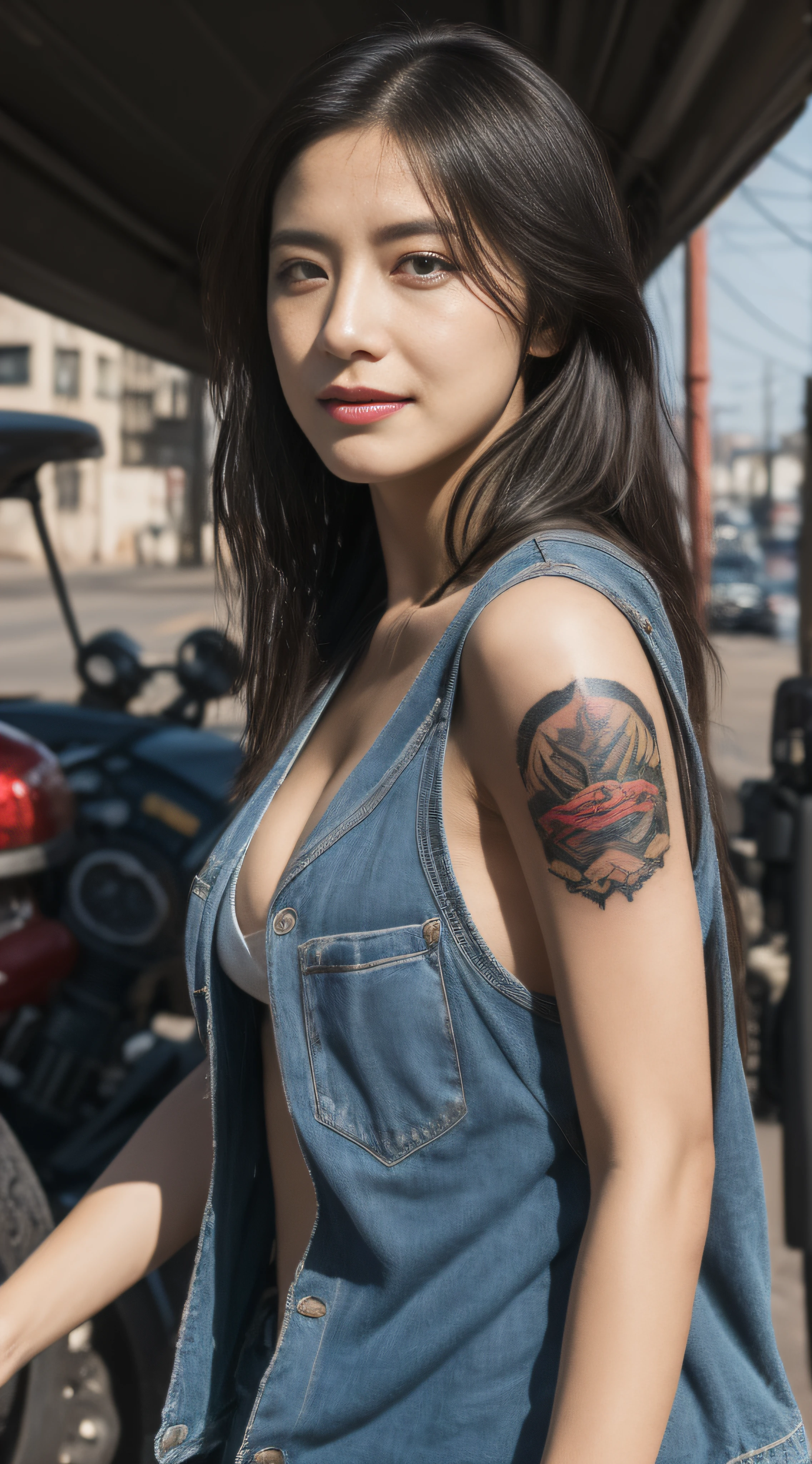 ((best quality)), ((masterpiece)), (detailed), mesmerizing and alluring female mechanic covered in grease,Confident smile,(Dirty and rugged charm:1.2), (tough and confident demeanor:1.1), (mechanical expertise:1.3), disheveled hair, smudged face with a playful smirk, stained overalls clinging to her curves, (gritty tools of the trade:1.2), cluttered repair shop, scattered car parts, (authentic automotive ambiance:1.2), (intense gaze:1.1), gripping a wrench in her dirty hands, 8k resolution,looking at another, looking away,( tattoo:1.2), masterpiece, best quality,Photorealistic, ultra-high resolution, photographic light
