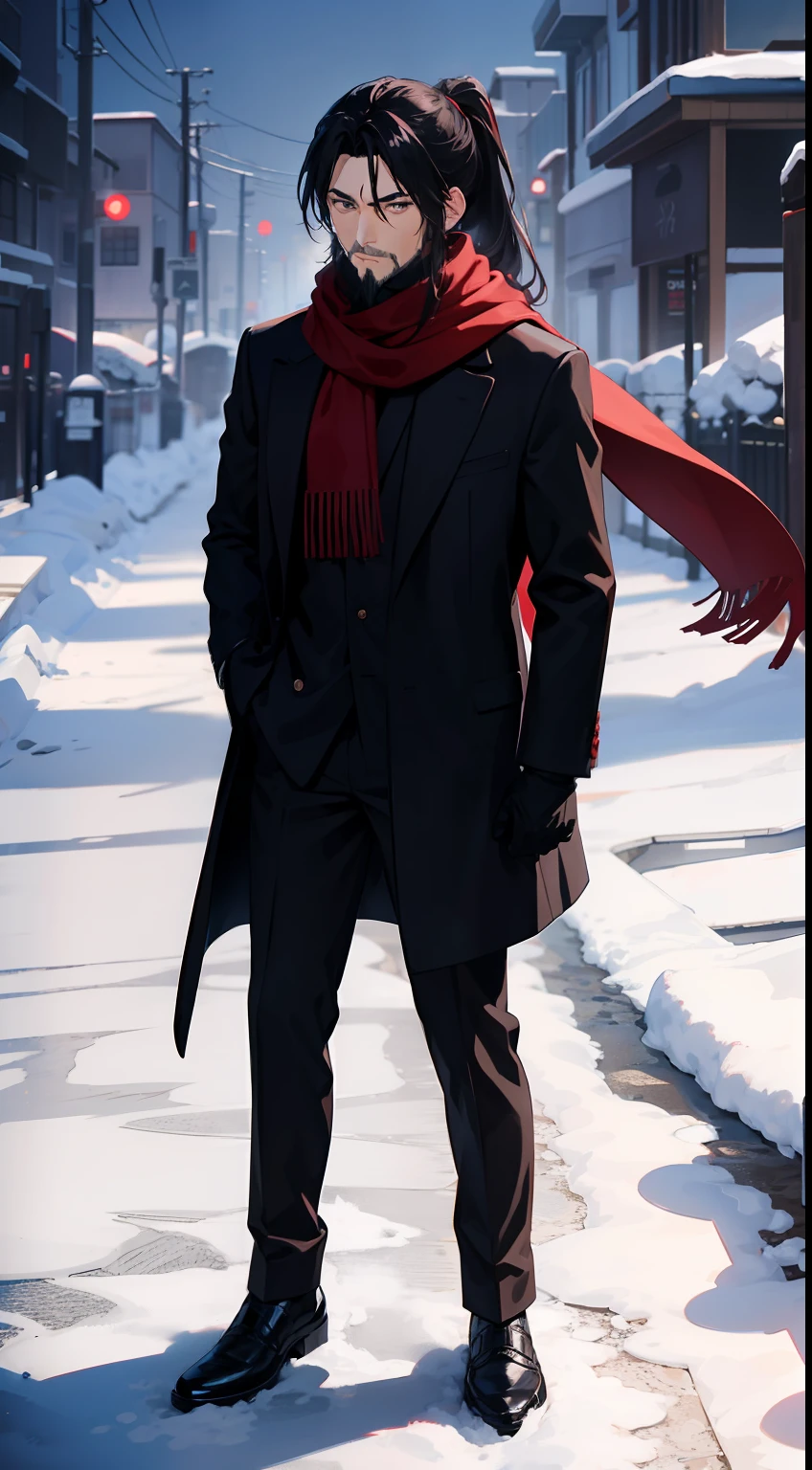 anime, man, dark red scarf, black suit, black overcoat, short ponytail, tiny beard, black gloves