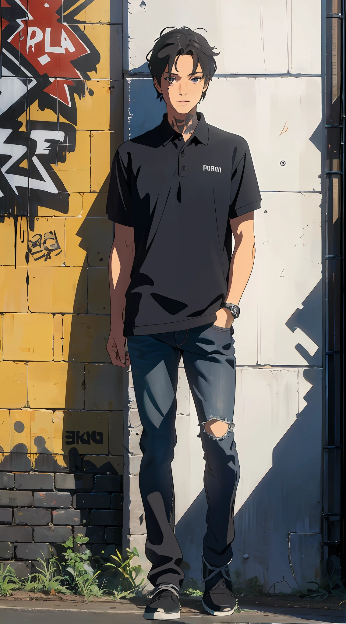 (street man), ((dress black polo shirt smooth)), dark blue jeans, with tear in the knee, with black shoes with gray, with straight and short brown hair, fair skin, a tribal tattoo on the arm, black eyes, ((full body)), ((perfect face)),((perfect iris eyes)), supported on walls with graffiti art, image fashion photographic catalog, Social realism,  Realism, ray tracing, reflection light, high quality, high details, super detail, 8k, 16k, best quality