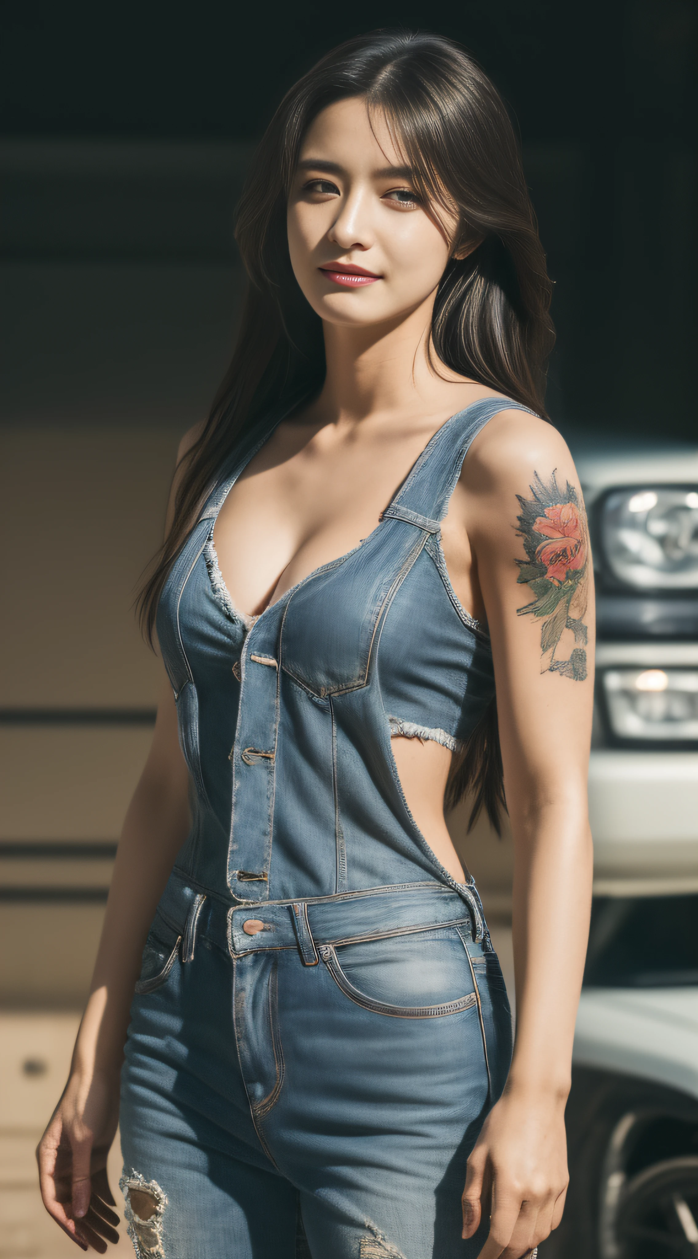 ((best quality)), ((masterpiece)), (detailed), mesmerizing and alluring female mechanic covered in grease,Confident smile,(Dirty and rugged charm:1.2), (tough and confident demeanor:1.1), (mechanical expertise:1.3), disheveled hair, smudged face with a playful smirk, stained overalls clinging to her curves, (gritty tools of the trade:1.2), cluttered repair shop, scattered car parts, (authentic automotive ambiance:1.2), (intense gaze:1.1), gripping a wrench in her dirty hands, 8k resolution,looking at another, looking away,( tattoo:1.2), masterpiece, best quality,Photorealistic, ultra-high resolution, photographic light