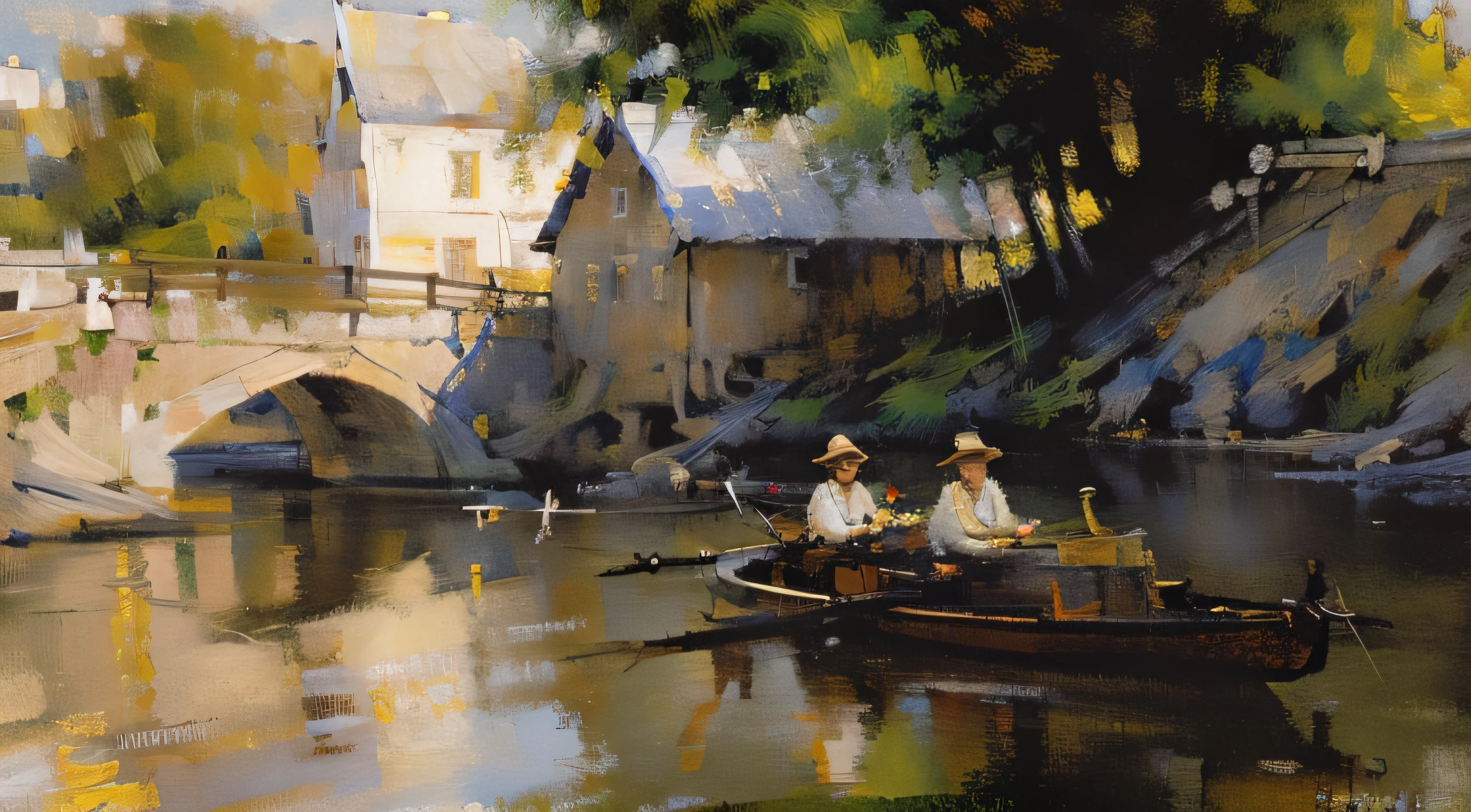 painting of a river with a bridge and a building in the background, by Pieter Franciscus Dierckx, by Carl Frederik von Breda, by Frits Thaulow, by Henri Harpignies, by Luigi Kasimir, by Eugène Brands, by Henri Biva, by Adolf Schrödter, by Ernest Biéler