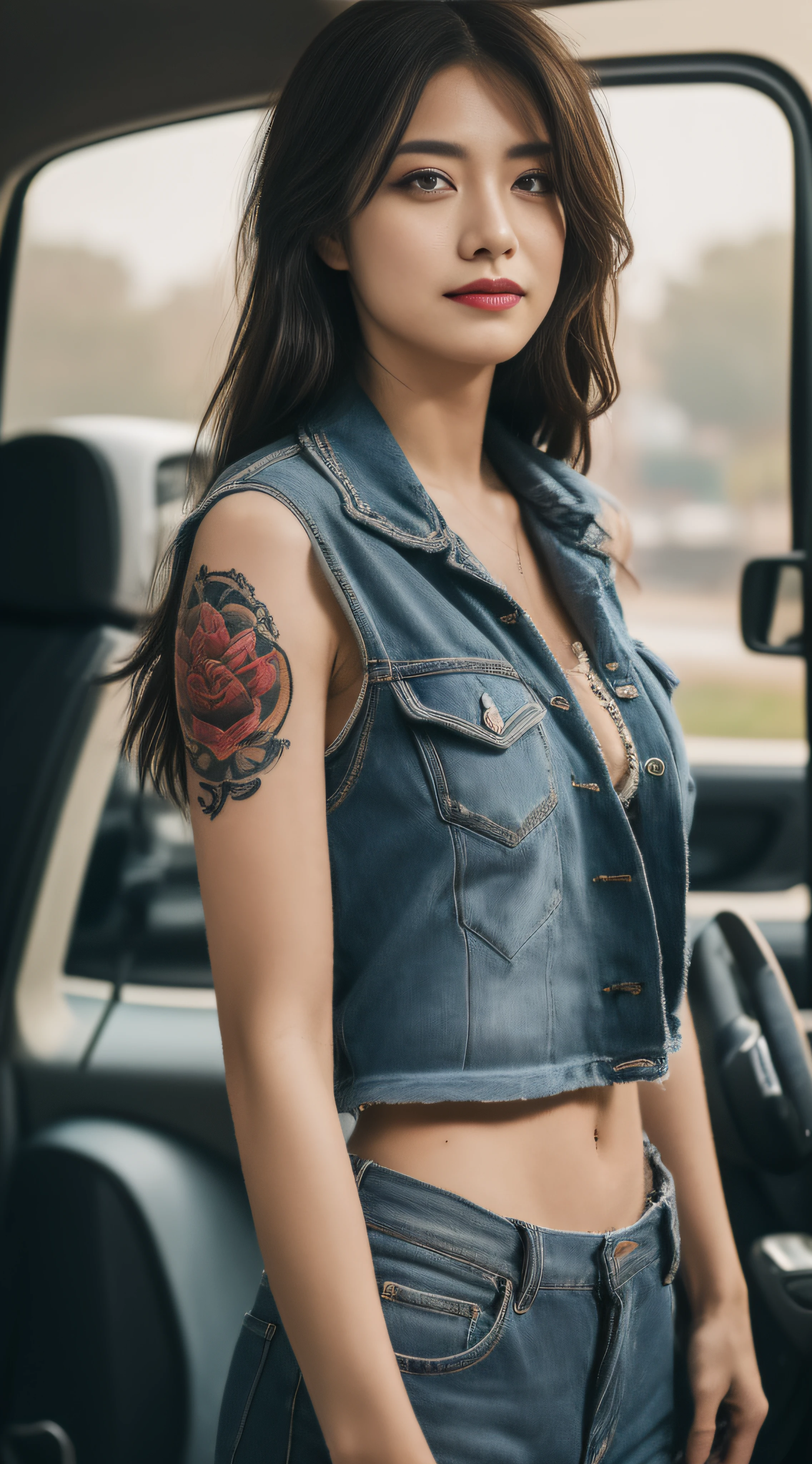 ((best quality)), ((masterpiece)), (detailed), mesmerizing and alluring female mechanic covered in grease,Confident smile，(Dirty and rugged charm:1.2), (tough and confident demeanor:1.1), (mechanical expertise:1.3), disheveled hair, smudged face with a playful smirk, stained overalls clinging to her curves, (gritty tools of the trade:1.2), cluttered repair shop, scattered car parts, (authentic automotive ambiance:1.2), (intense gaze:1.1), gripping a wrench in her dirty hands, 8k resolution,looking at another, looking away,( tattoo:1.2), masterpiece, best quality,Photorealistic, ultra-high resolution, photographic light
