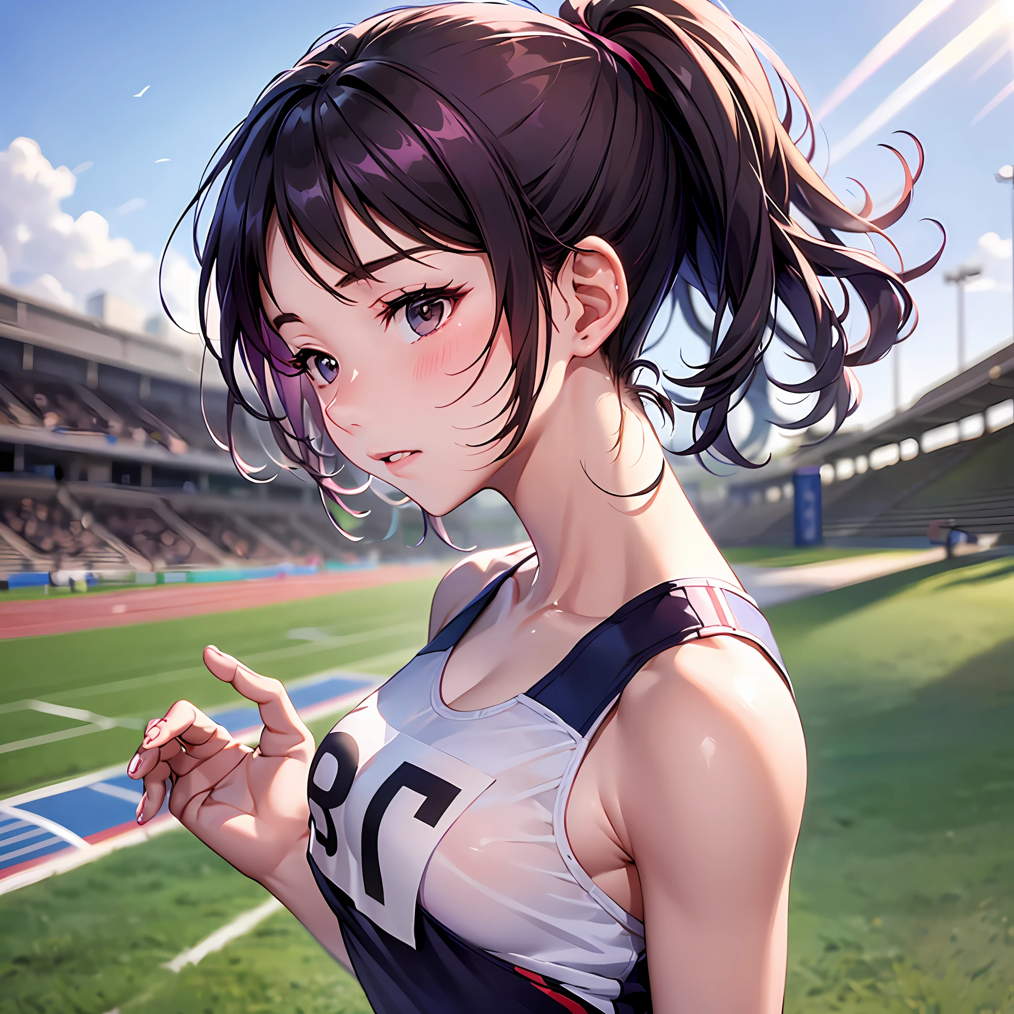 In the scorching heat of a summer day, an 18-year-old girl named Sakura stands on the sun-drenched track field, her athletic prowess and beauty setting her apart from the rest. With her raven hair tied in a high ponytail, her toned muscles hint at the countless hours she has dedicated to training.

Sakura's passion for track and field runs deep in her veins. From a young age, she discovered the joy of running, feeling the freedom and exhilaration as she raced against the wind. Her love for the sport grew, and with each stride, she knew she was meant to chase her dreams on the track.

As a star sprinter for her school, Sakura is committed to reaching new heights in her athletic journey. Her competitive spirit fuels her determination, and her beauty lies not only in her appearance but also in her unwavering dedication to the sport she loves.

Under the guidance of her caring coach, Mr. Tanaka, Sakura hones her skills day in and day out. The summer season is particularly important, as it leads up to the regional championships. The hot weather poses challenges, but Sakura embraces it as an opportunity to push her limits further.

In the early morning, before the sun fully rises, Sakura can be found training on the track. She works on her starts, fine-tunes her form, and practices running drills. As the day progresses, she heads to the gym to build her strength and endurance, knowing that every ounce of effort will pay off on the track.

Outside of training, Sakura also takes care of her body and mind. She nourishes herself with a balanced diet, ensuring she has the energy to perform at her best. In her downtime, she finds solace in nature, often jogging through nearby parks, feeling the earth beneath her feet and the wind in her hair.