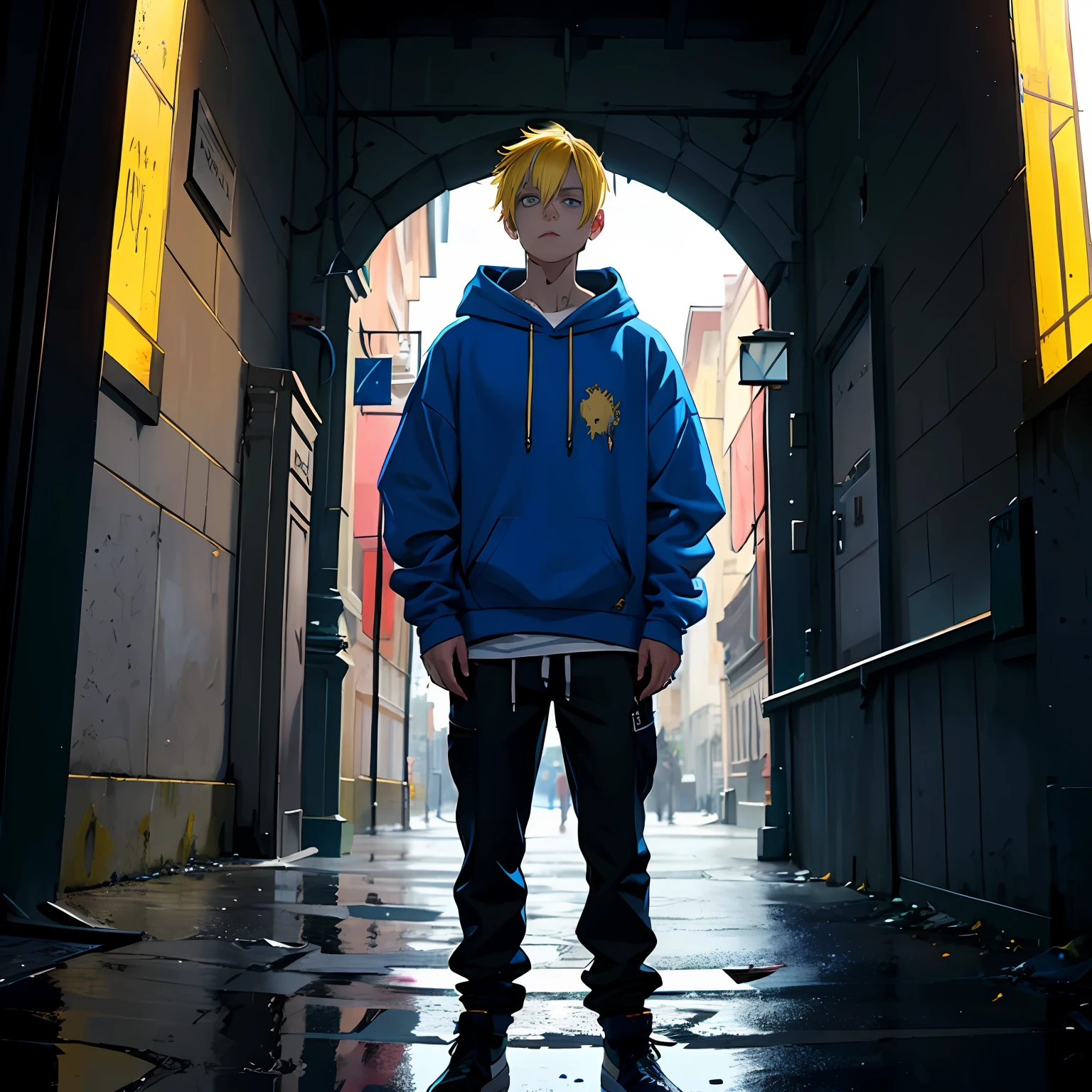 Man with dyed yellow hair,Wear a casual blue sweatshirt,Stand outside the tall city gates,There was a slight blood stain on his face,The clothes were tattered