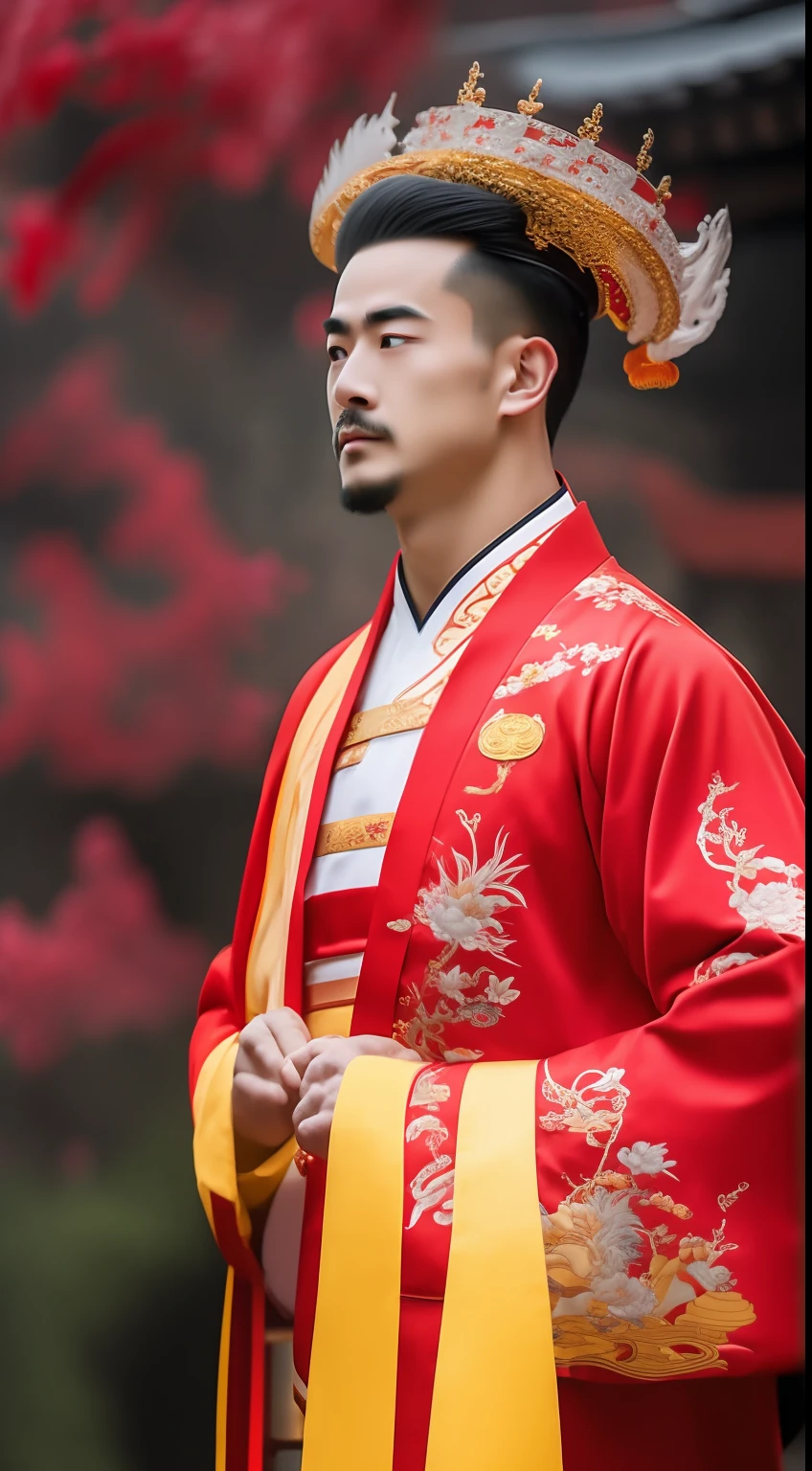 Masterpiece, Highest quality, (solofocus),, (High detail: 1.1),dojo,Red and yellow robes,The male, Man, chinese crown, 1人,and white hair,超高分辨率 , Detailed background, realisticlying, wearing a detailed and intricate xianxia antique outfit