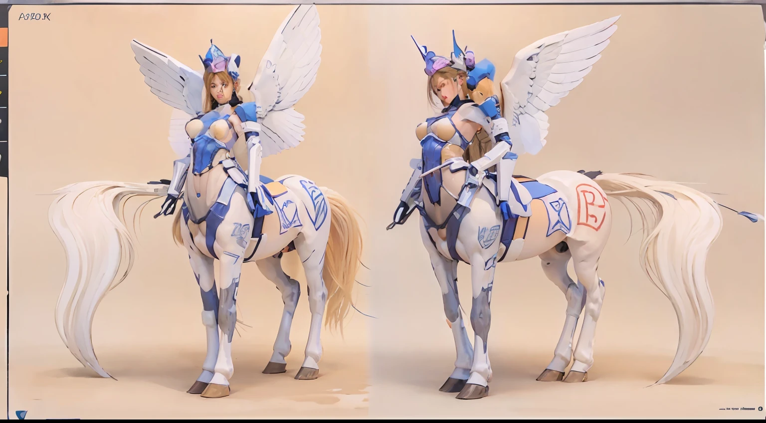 A female centaur,She is famous in the multiverse,She is both a female centaur, half human, half horse, half horse,It is also a female Yingzhao。She blends both images,The first is the head of a horse/neck/Shoulder these parts,After feminization,The upper body transforms into a beautiful female human,Female, half-centaur, half-human, half-horse, half-human,The second is the waist of the horse/hason/gluteal/Legs feminine,Female half-horse with beautiful woman's,Chimer,It's like a female human wearing a half-horse-like costume and making a seamless chimera,This chimerization is based on powerful futuristic technology。The ultra-wide-angle lens captures the image of her sleek and ethereal wings charging and leaping on the ionosphere。Her front half is distinctly feminine,Tall sexy body,Has K cup teardrop-shaped giant tit chest,It has a small man's waist butterfly spanning long legs,The half-horse part of the hind body,Embedded interface in the front half of the body hip position。The horse-shaped, half-horse torso form of her back body is completely female and humanized。A sexy bent dog-style shaped ribcage embedded in the lower back position of the beautiful woman's body from the upper end of the sternum/lower back/Ventral transverse。Then there are the sexy beauty's upright hips,Her entire body has been completely feminized,Including the half-horse part。Mechanized armor covers the legs with knee-shaped anti-joints and feet,And these parts are highly anthropomorphic,This makes her legs graceful and slender,Her four horse legs exploded in length proportions and was slender and toned,Under the legs are skinny white feet dressed in Skyscraper Heels,Use Midjourney's advanced stroke tools and color palettes, as well as texture packs, model packs, and texture tools,Concentration,Femaleize all parts of her original equine physiologic appearance,And give these parts an ergonomic appearance,Fine treatment of the thoracic and abdominal cavity of the posterior body,As well as hips and